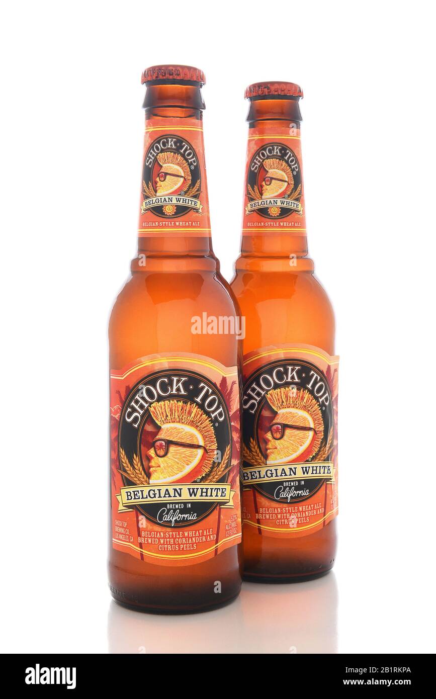 IRVINE, CALIFORNIA - AUGUST 25, 2016: Shock Top Belgian White. Introduced as a seasonal beer in 2006, it has, since 2007, been available year-round. Stock Photo