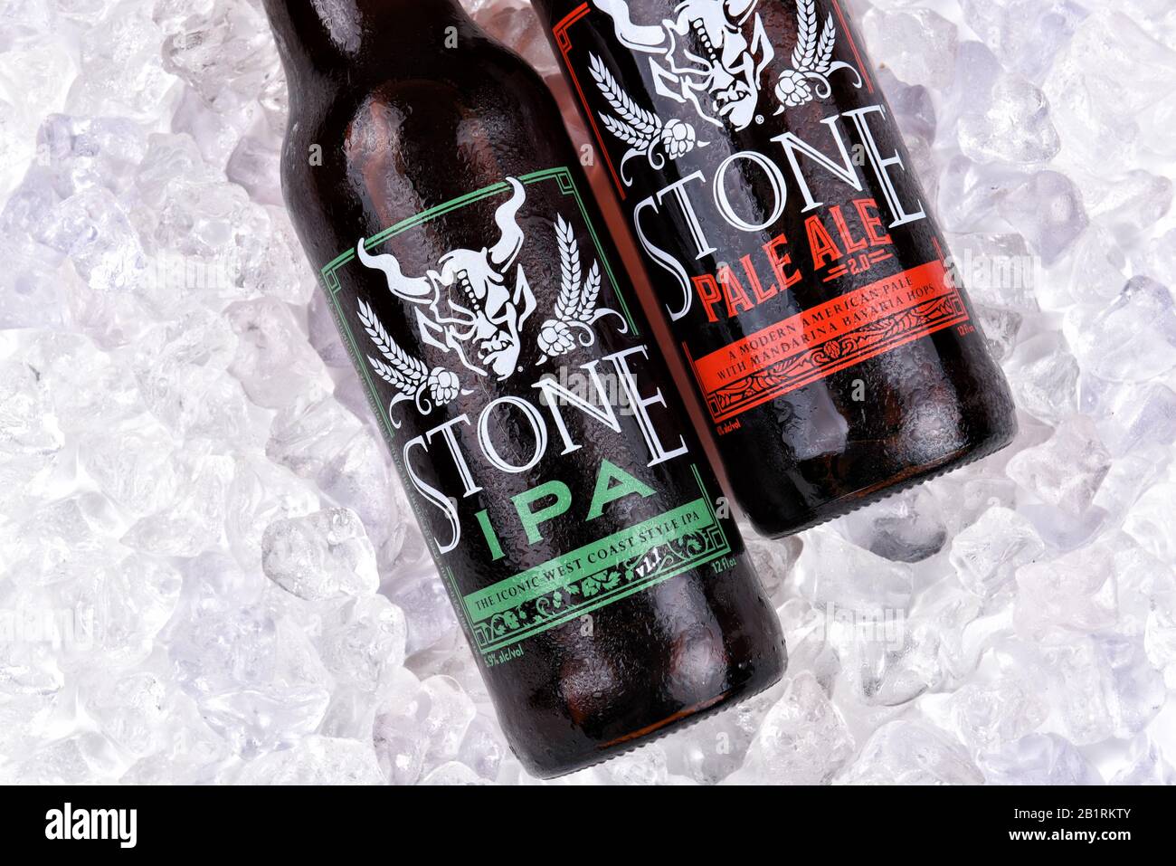 IRVINE, CALIFORNIA - AUGUST 25, 2016: Stone Ales in ice. From the Stone Brewing Company, in Escondido, the largest brewery in Southern California. Stock Photo