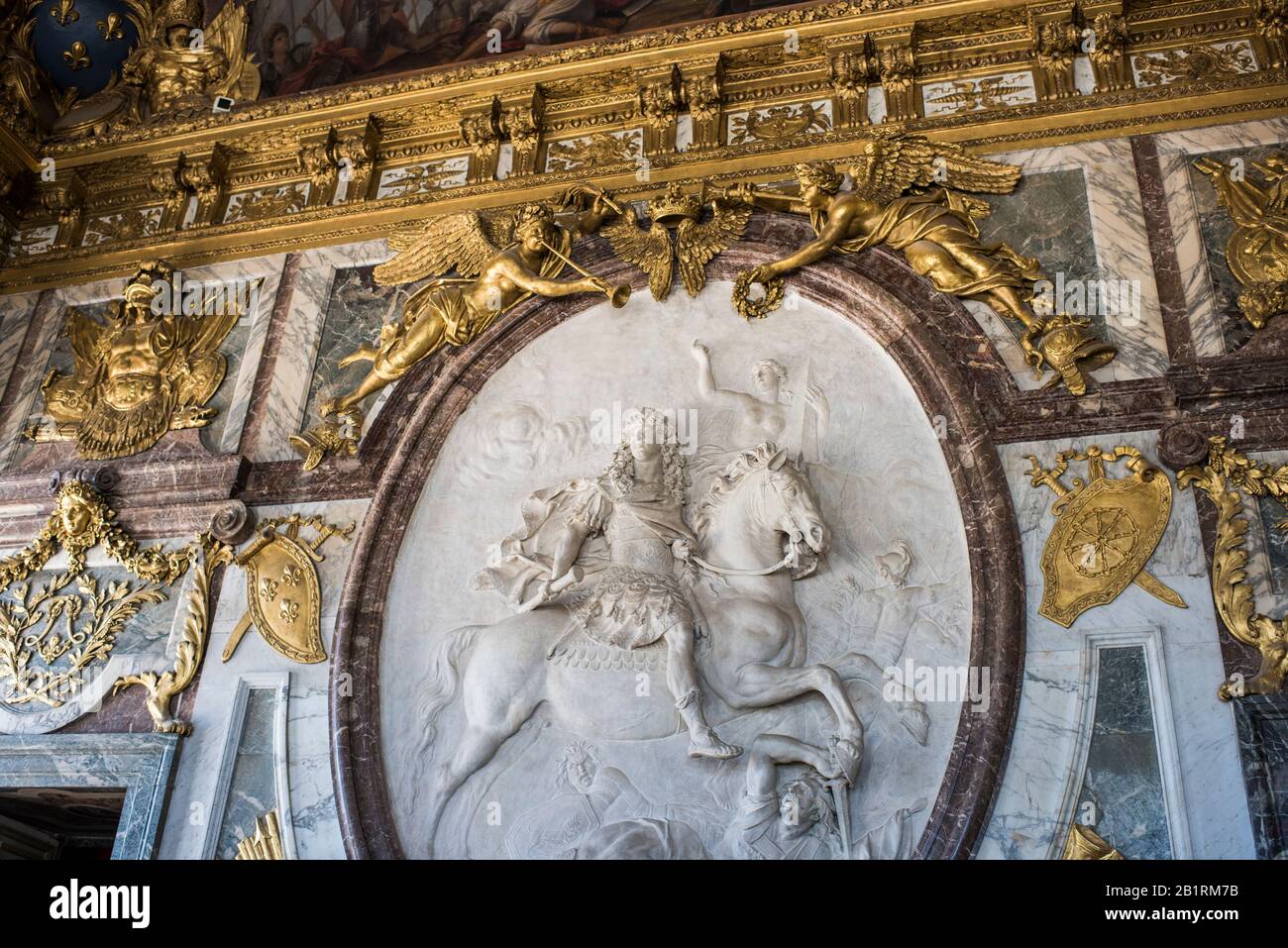 Versailles, France - July 10, 2019: Medallion showing KIng Louis XIV on horseback, The War Drawing Room, Palace of Versailles, France. Stock Photo