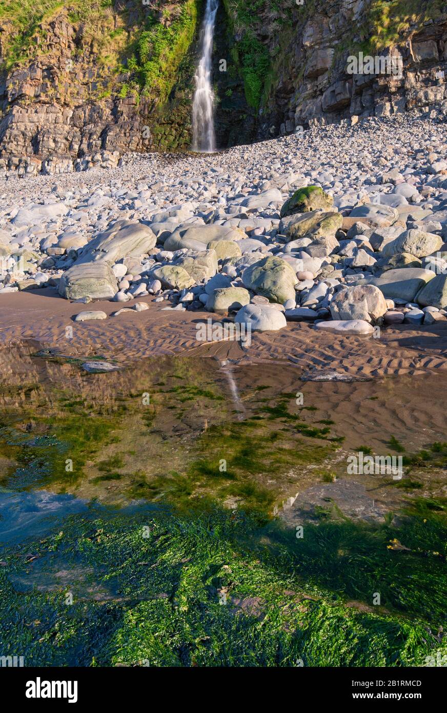 Coastal waterfall on the beach at Bucks Mills at the bottom of the unique, historic village, Geographical feature, coastal life, North Devon, UK Stock Photo