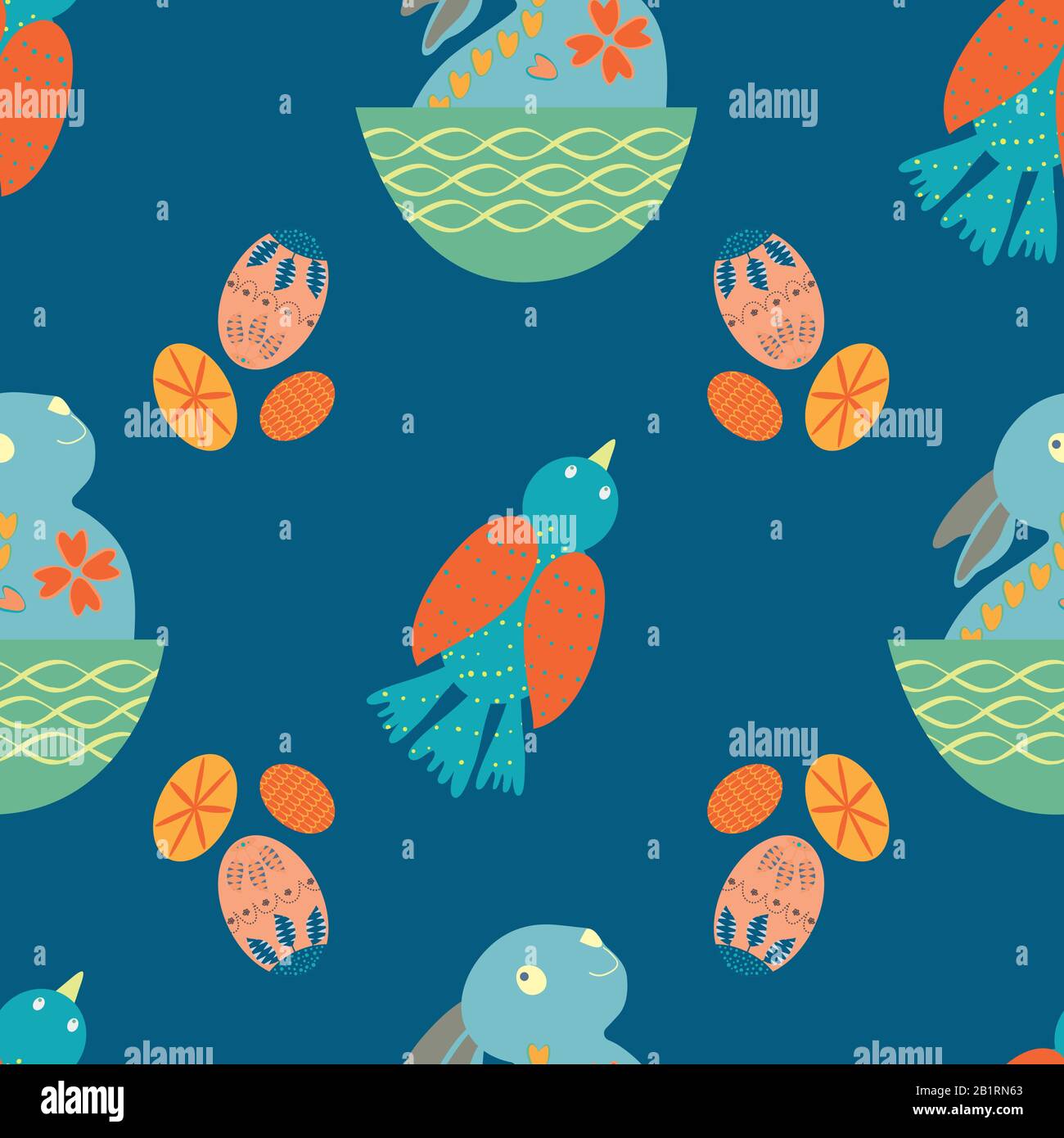 Cute Easter bunny seamless vector pattern background. Decorated folk art rabbits, birds, eggs illustration. Scandinavian style baby animals and spring Stock Vector