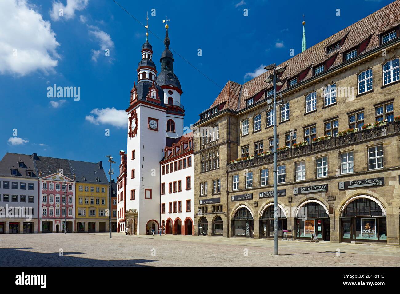 Market with old and new town hall, St. Jakobi town church in Chemnitz, Saxony, Germany, Stock Photo