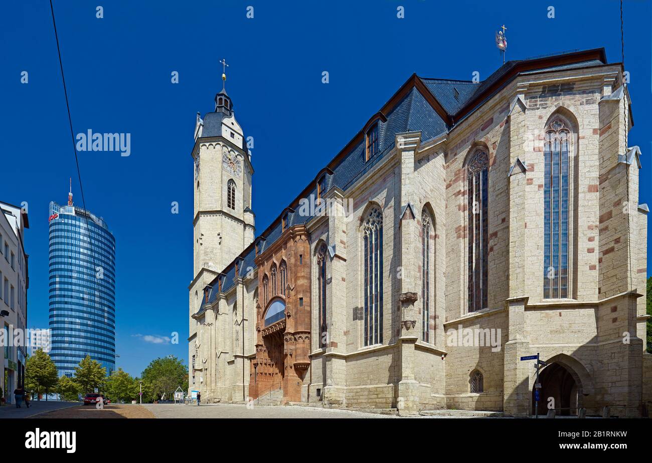 Stadtkirche St. Michael and Intershop Tower in Jena, Thuringia, Germany, Stock Photo