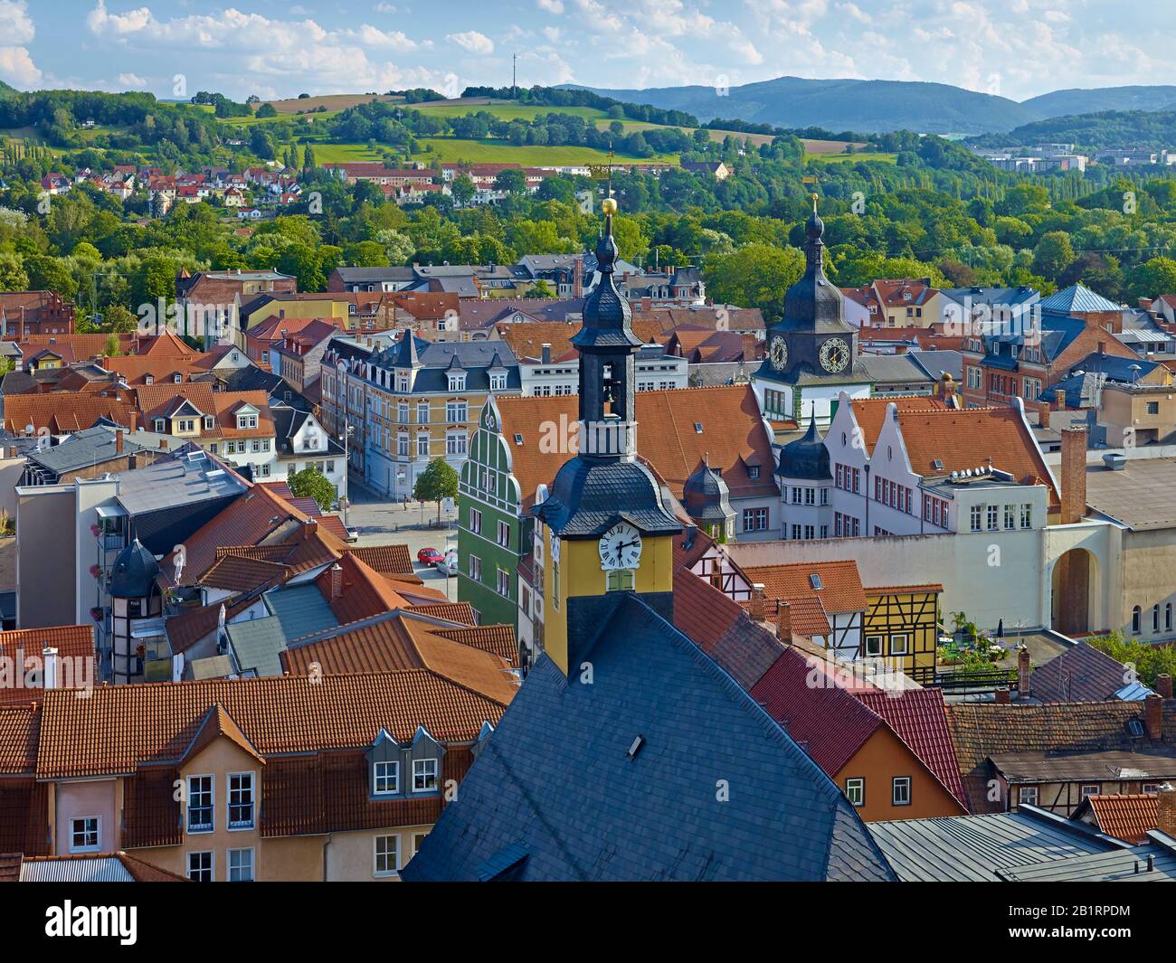 View over Rudolstadt with old and new town hall, district Saalfeld-Rudolstadt, Thuringia, Germany, Stock Photo