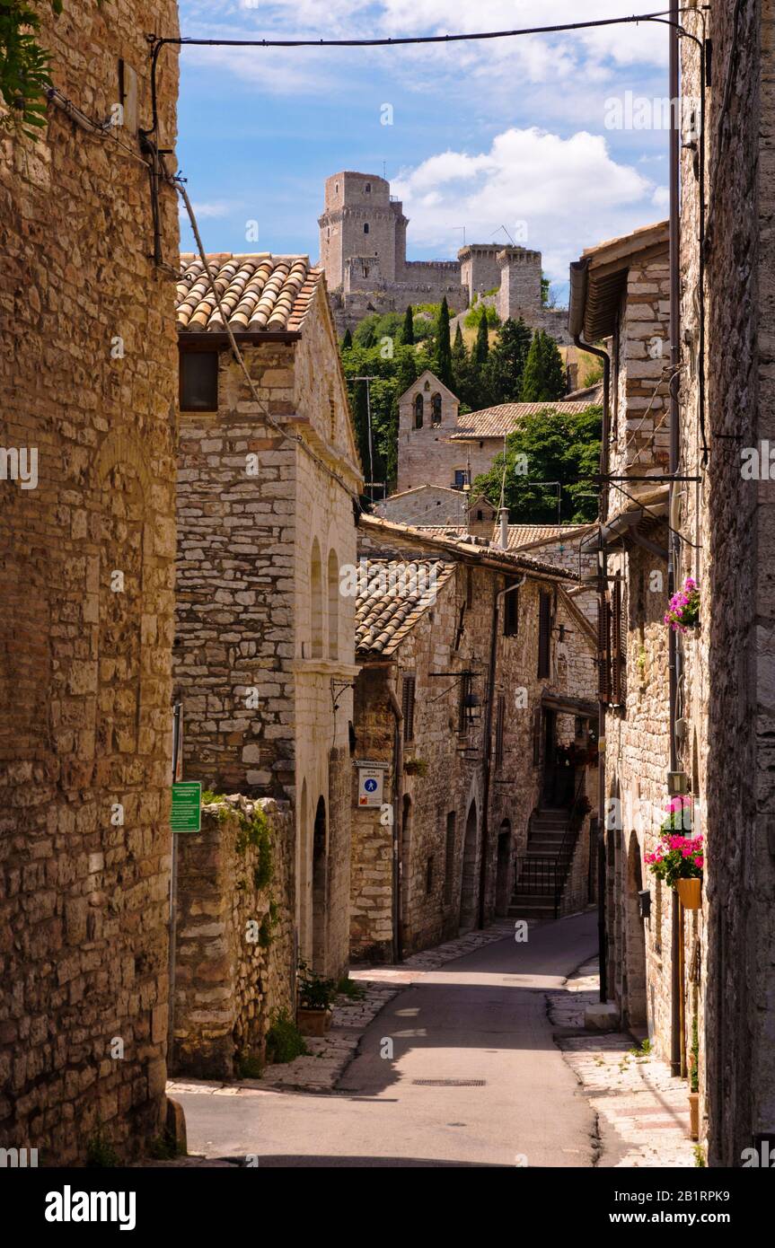 Medieval alley in Assisi, Umbria, Italy, Stock Photo