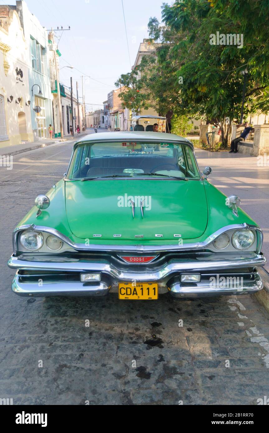 Green Dodge Kingsway, Camaguey, Cuba, Caribbean, Stock Photo