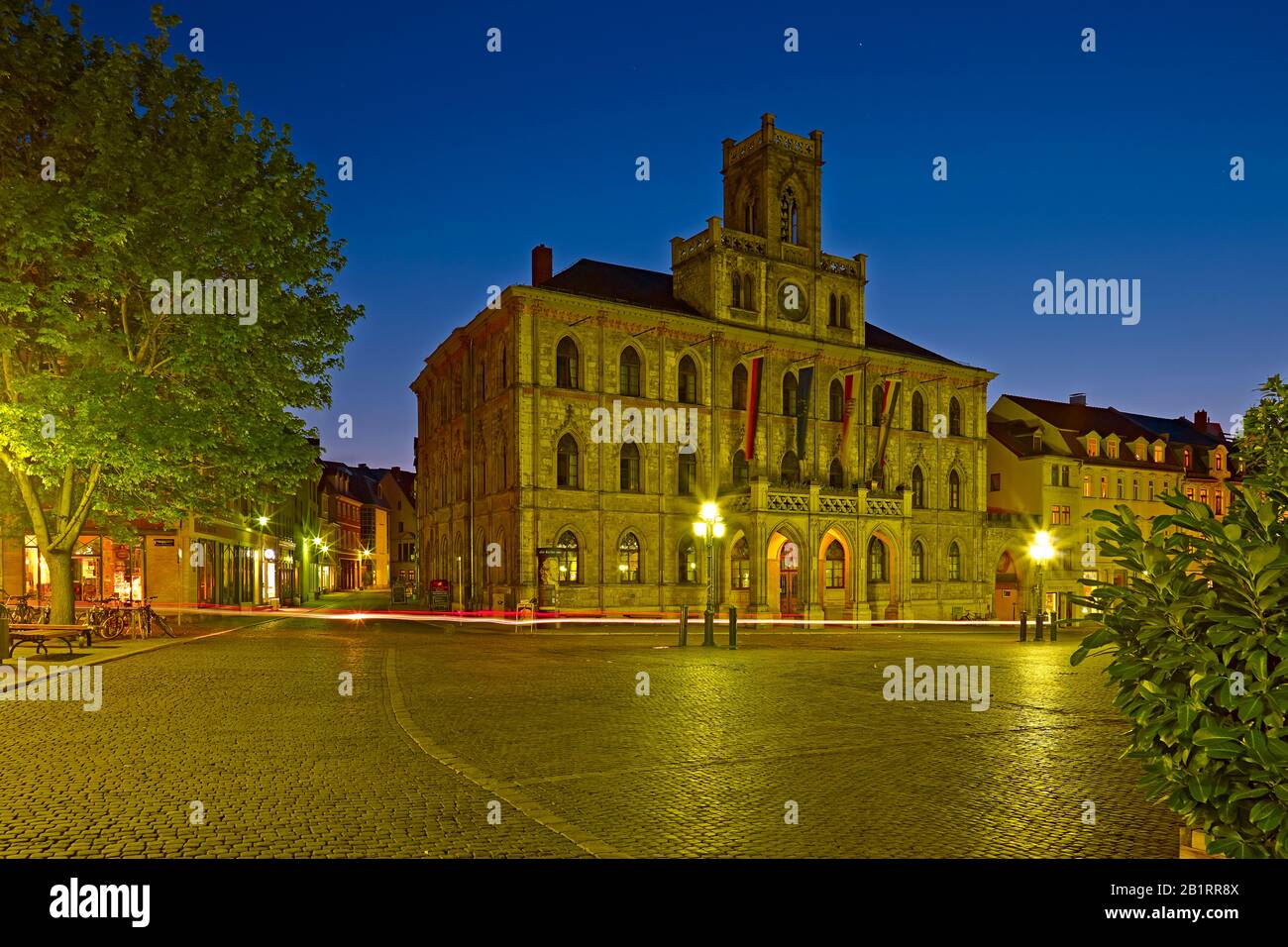 Market with town hall in Weimar, Thuringia, Germany, Stock Photo
