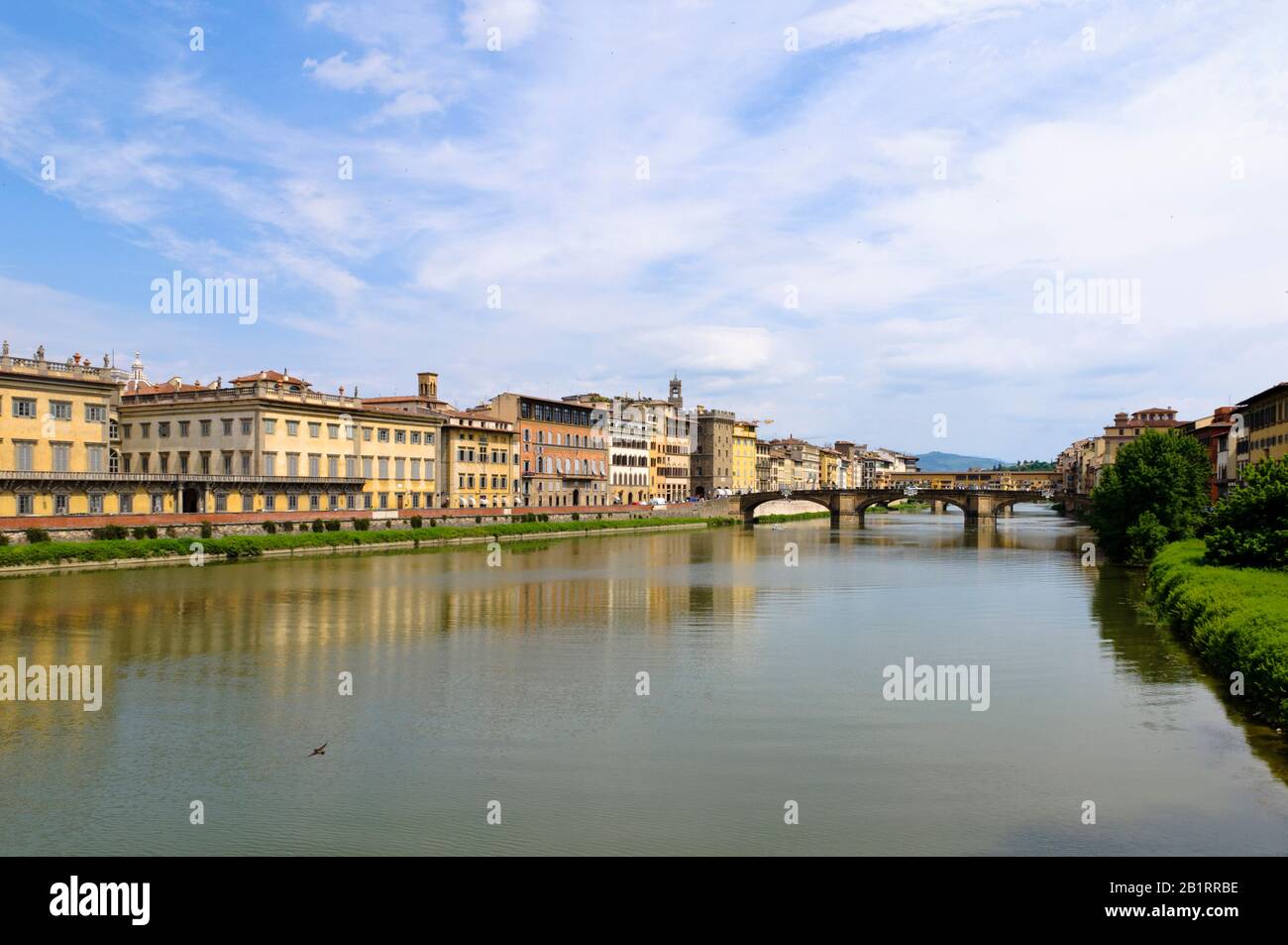 View from Ponte alla Carraia to the house facades of the Lungarno Corsini, Florence, Tuscany, Italy, Stock Photo
