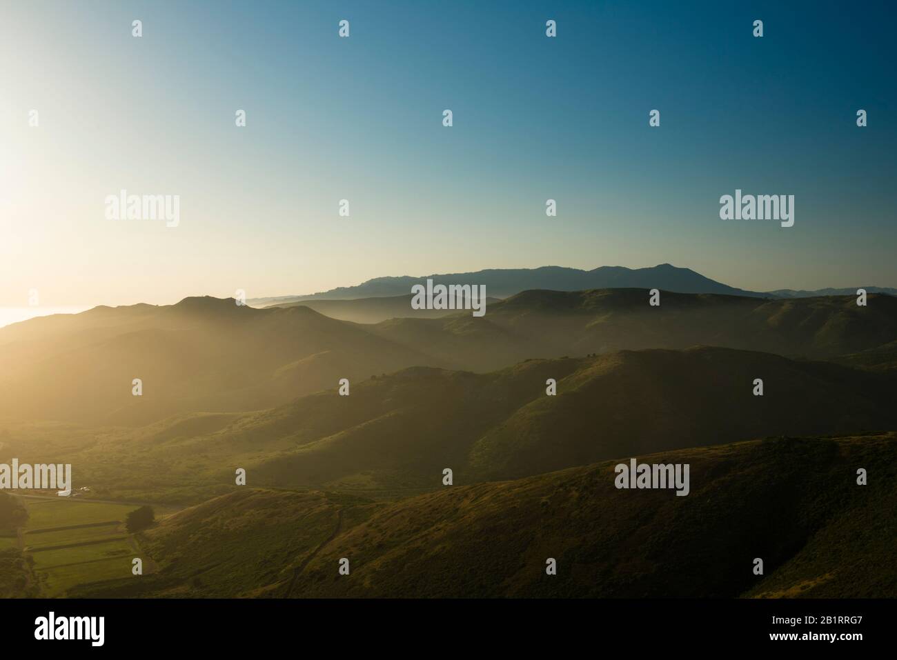 View over the Marin Headlands in north direction at sunset, Marin County, California, USA, Stock Photo