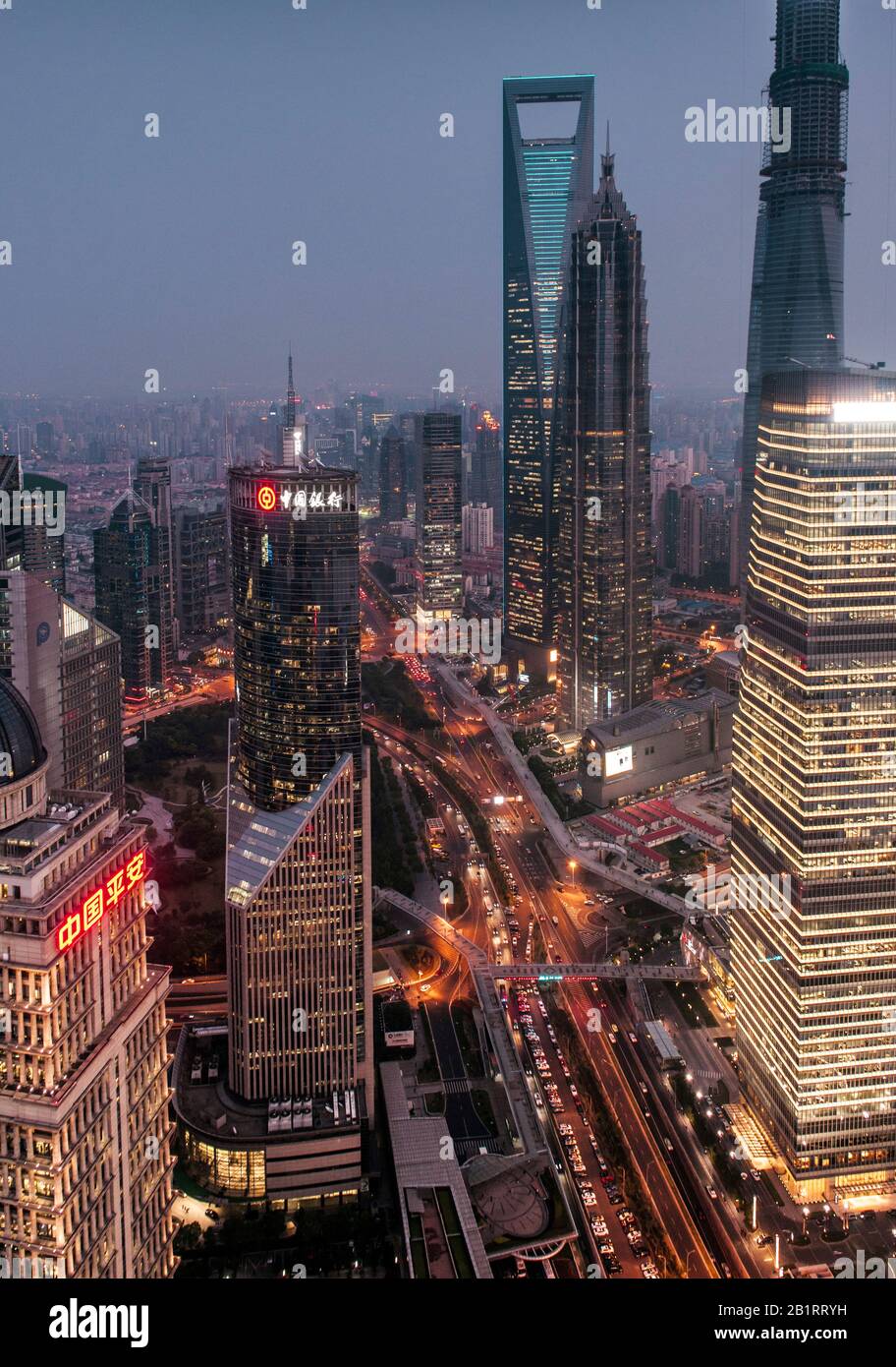 Cityscape, view of IFC, SWFC, Jin Mao Tower at night, Lujiazui, Pudong, Shanghai, China Stock Photo