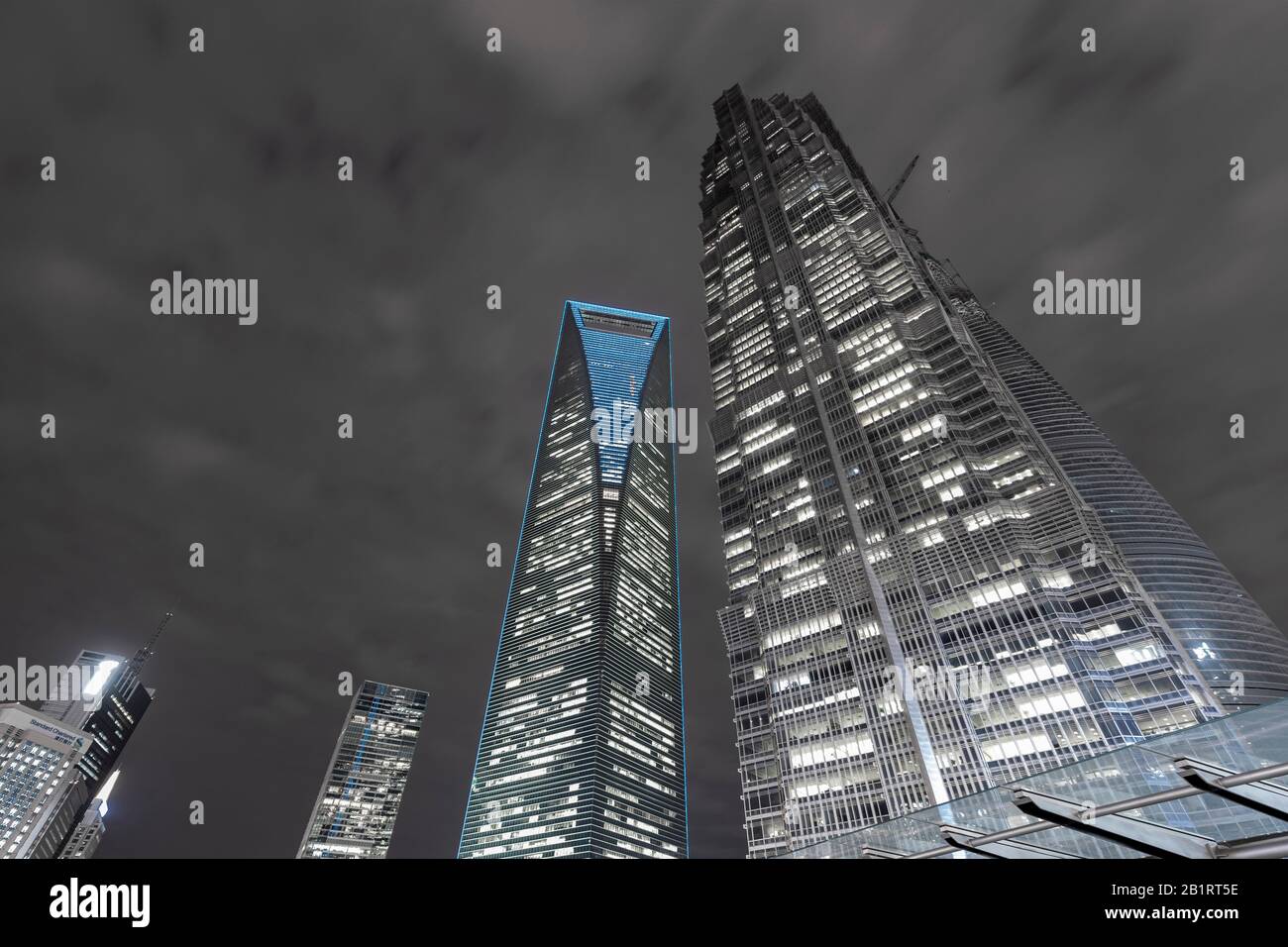 Shanghai World Financial Center SWFC, Jin Mao Tower, night shot, Lujiazui Financial District, Pudong, Shanghai, China Stock Photo