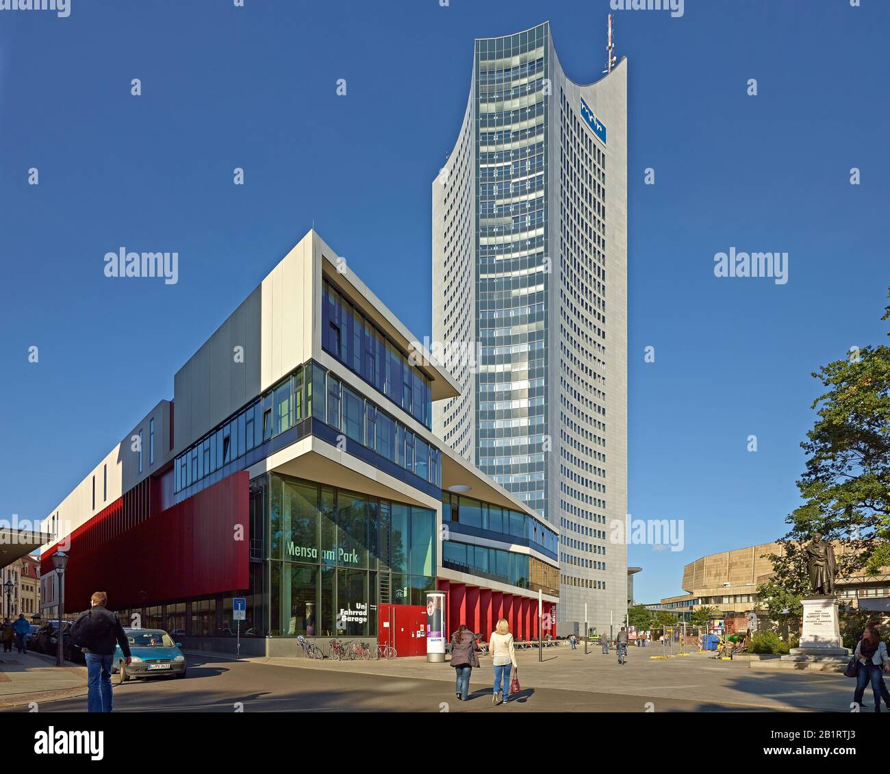 New university cafeteria with high-rise building in Leipzig, Saxony, Germany Stock Photo
