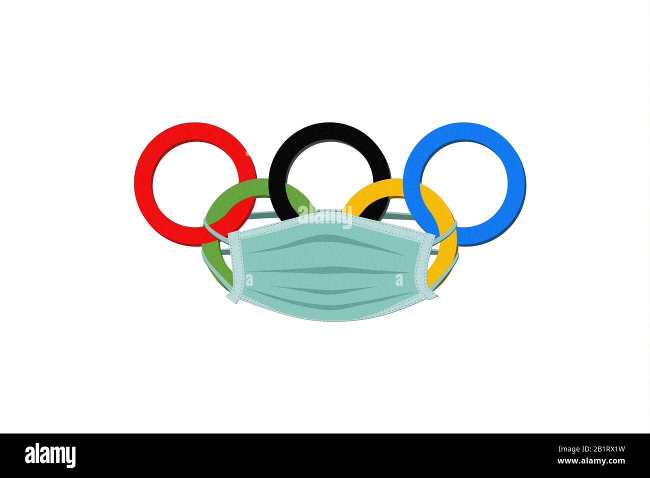 Olympic Games Logo in Japan and Medical Facial Mask Caring Protection against Risk of Pneumonia. Country in Quarantine. Stock Photo