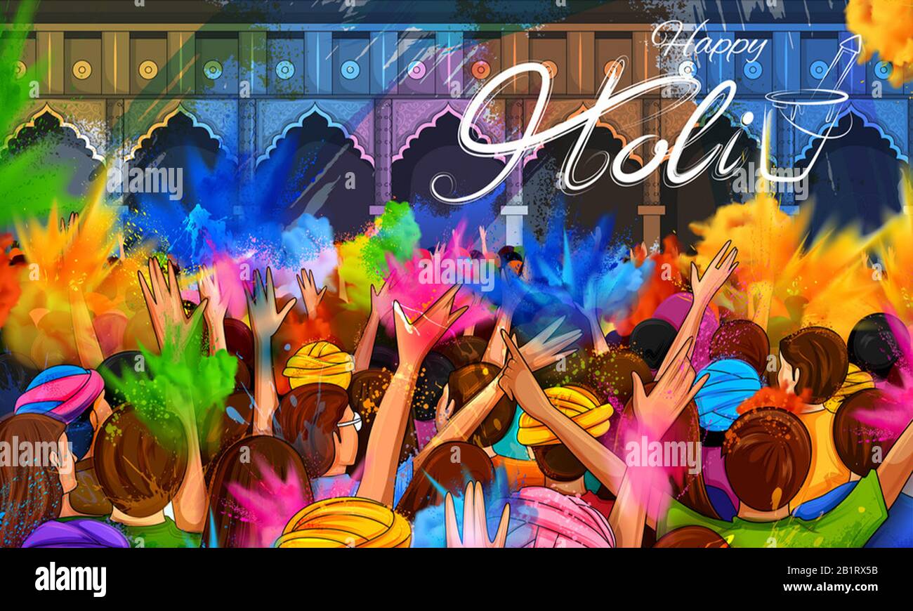 Happy Holi Celebration Background Greeting Card Indian Cultural Festival Banner People Crowd Music Enjoy Fun Abstract Figure Hand Drawn Lettering Stock Photo Alamy