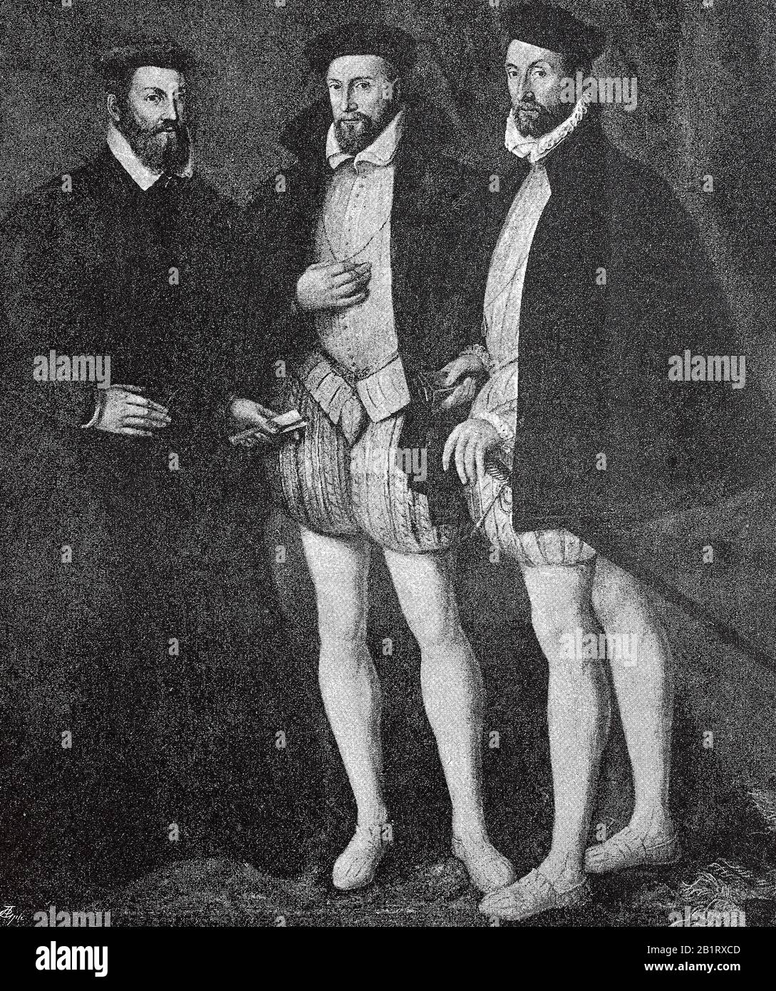 The three brothers of Chatillon-Coligny: Odet de Coligny, Cardinal von Châtillon, 1517-1571, a French Huguenot leader, Gaspard II. De Coligny, Comte de Coligny, Pair of France, 1519-1572, a French nobleman, admiral and Huguenot leader , Francois de Coligny-d'Andelot, 1521-1569, Colonel general of the French infantry  /  Die drei Brüder von Chatillon-Coligny: Odet de Coligny, Kardinal von Châtillon, ein französischer Hugenottenführer, Gaspard II. de Coligny, Comte de Coligny, Pair von Frankreich, ein französischer Adeliger, Admiral und Hugenottenführer, Francois de Coligny-d’Andelot, Colonel ge Stock Photo