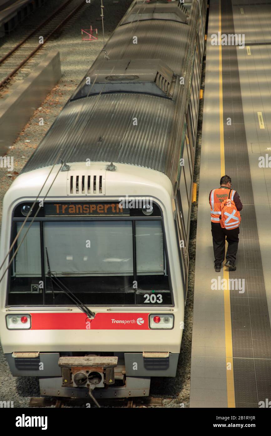 Transperth railway station seen in Perth, Western Australia. Stock Photo