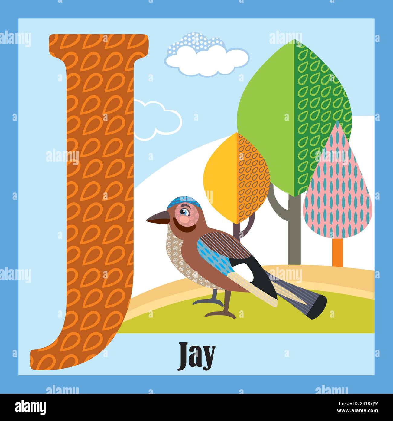 Vector cartoon flashcards of animal alphabet, letter J. Colorful cartoon illustration of letter and Jay vector character. Bright colors zoo wildlife i Stock Vector