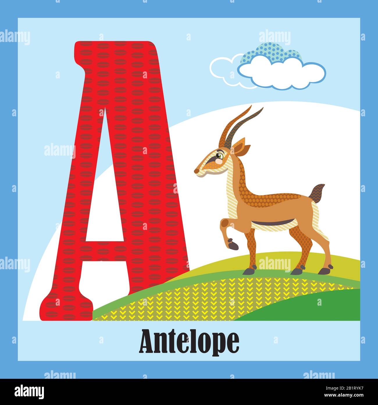Vector cartoon flashcards of animal alphabet, letter A. Colorful cartoon illustration of letter and antelope vector character. Bright colors zoo wildl Stock Vector