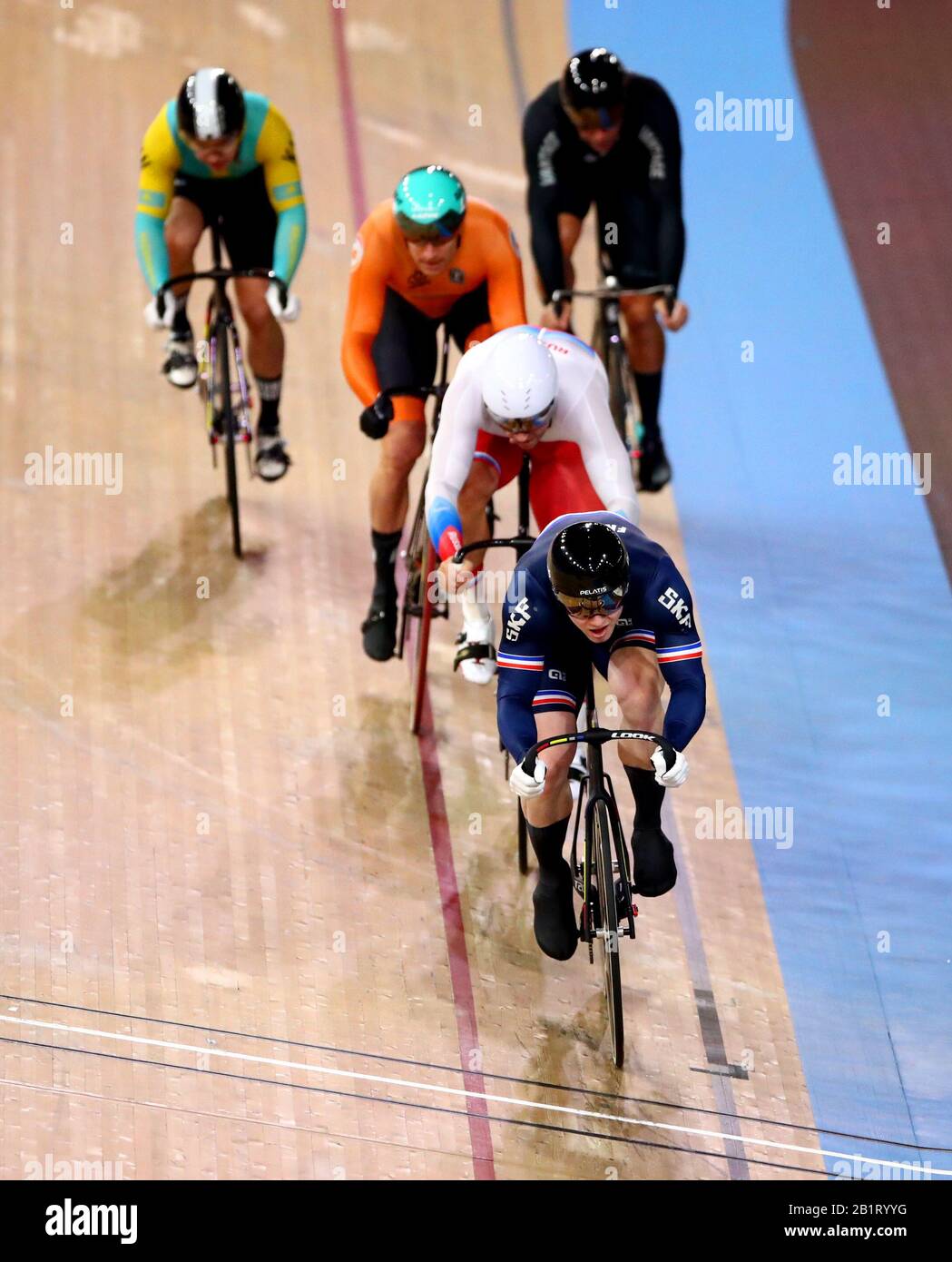 France S Sebastien Vigier Front Wins Heat 4 Of The Men S Keirin During Day Two Of The 2020 Uci Track Cycling World Championships At Velodrom Berlin Stock Photo Alamy