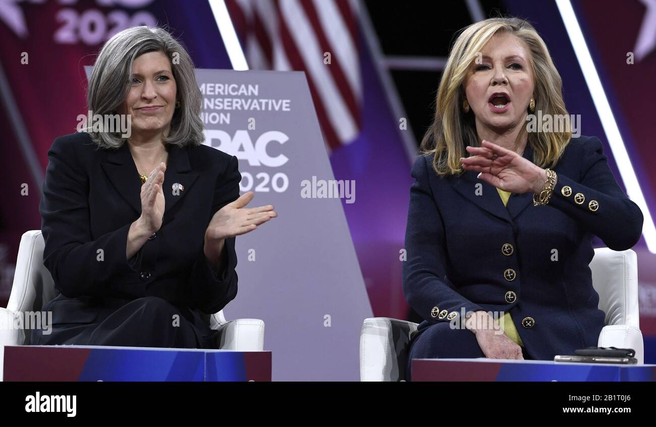 National Harbor, United States. 27th Feb, 2020. Sen. Marsha Blackburn of Tennessee (R) makes remarks as Sen. Joni Ernst of Iowa applauds during the Conservative Political Action Conference (CPAC), Thursday, February 27, 2020, in National Harbor, Maryland. Thousands of conservative activists, elected officials and pundits gathered to hear speakers on the theme 'America vs. Socialism'. Photo by Mike Theiler/UPI Credit: UPI/Alamy Live News Stock Photo