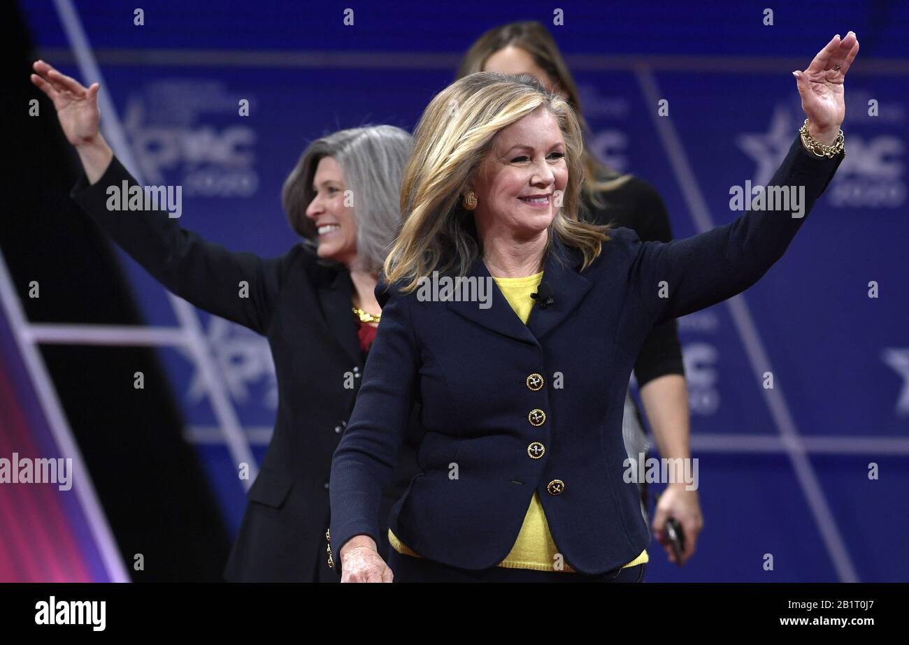National Harbor, United States. 27th Feb, 2020. Sen. Marsha Blackburn of Tennessee and Sen. Joni Ernst of Iowa (L) greet guests as they arrive to address the Conservative Political Action Conference (CPAC), Thursday, February 27, 2020, in National Harbor, Maryland. Thousands of conservative activists, elected officials and pundits gathered to hear speakers on the theme 'America vs. Socialism'. Photo by Mike Theiler/UPI Credit: UPI/Alamy Live News Stock Photo