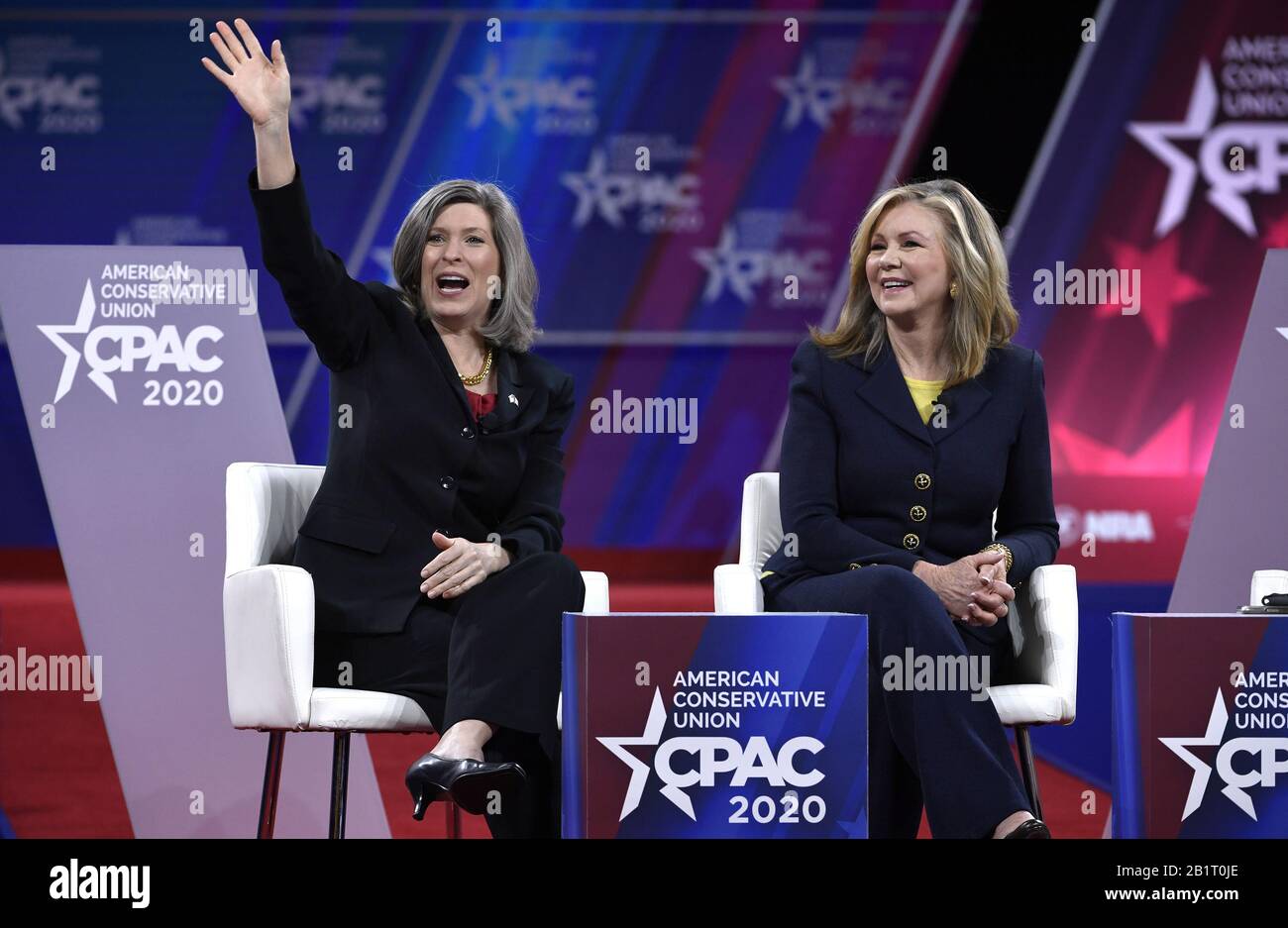 National Harbor, United States. 27th Feb, 2020. Sen. Marsha Blackburn of Tennessee (R) and Sen. Joni Ernst of Iowa greet guests as they arrive to address the Conservative Political Action Conference (CPAC), Thursday, February 27, 2020, in National Harbor, Maryland. Thousands of conservative activists, elected officials and pundits gathered to hear speakers on the theme 'America vs. Socialism'. Photo by Mike Theiler/UPI Credit: UPI/Alamy Live News Stock Photo