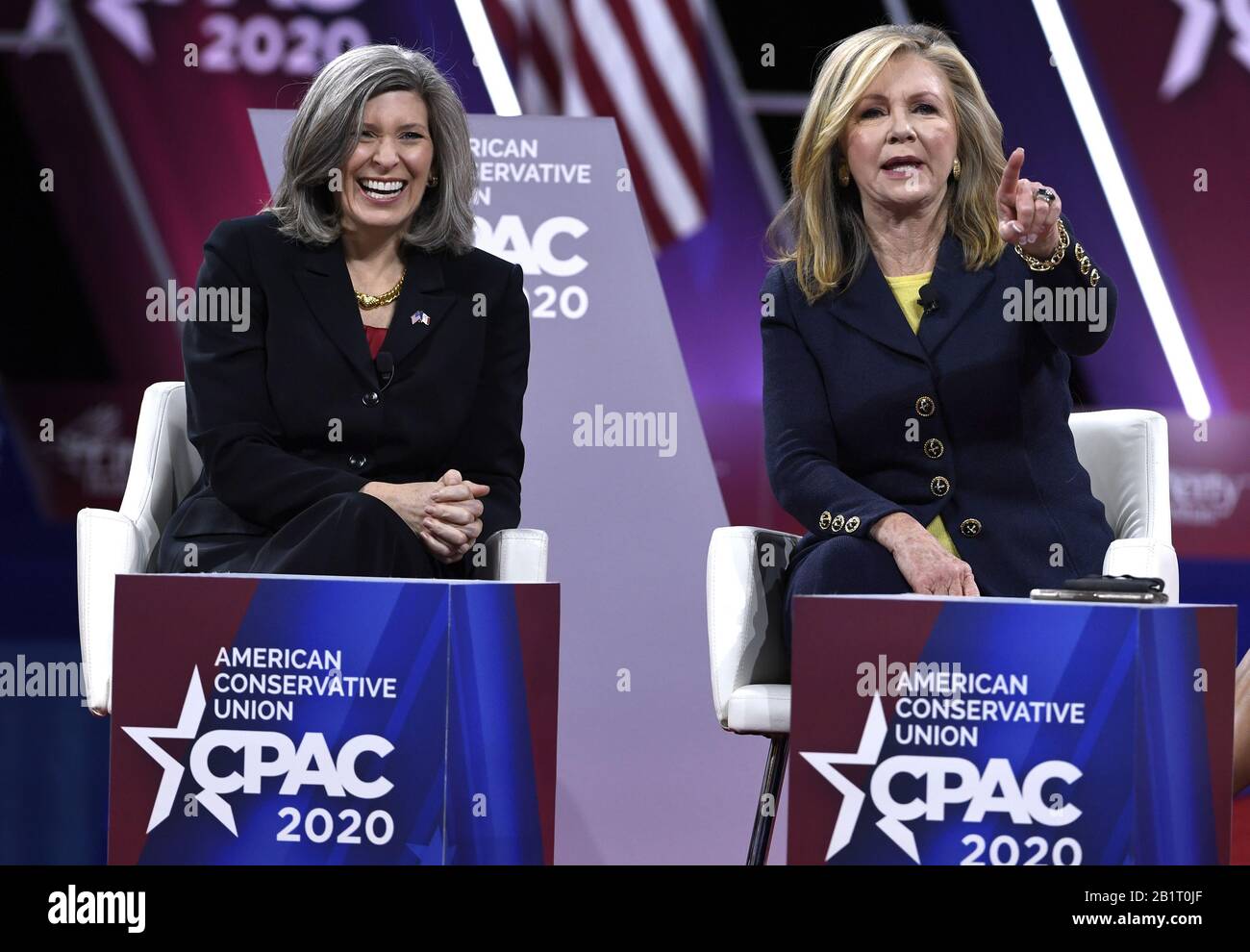 National Harbor, United States. 27th Feb, 2020. Sen. Marsha Blackburn of Tennessee (R) and Sen. Joni Ernst of Iowa greet guests as they arrive to address the Conservative Political Action Conference (CPAC), Thursday, February 27, 2020, in National Harbor, Maryland. Thousands of conservative activists, elected officials and pundits gathered to hear speakers on the theme 'America vs. Socialism'. Photo by Mike Theiler/UPI Credit: UPI/Alamy Live News Stock Photo