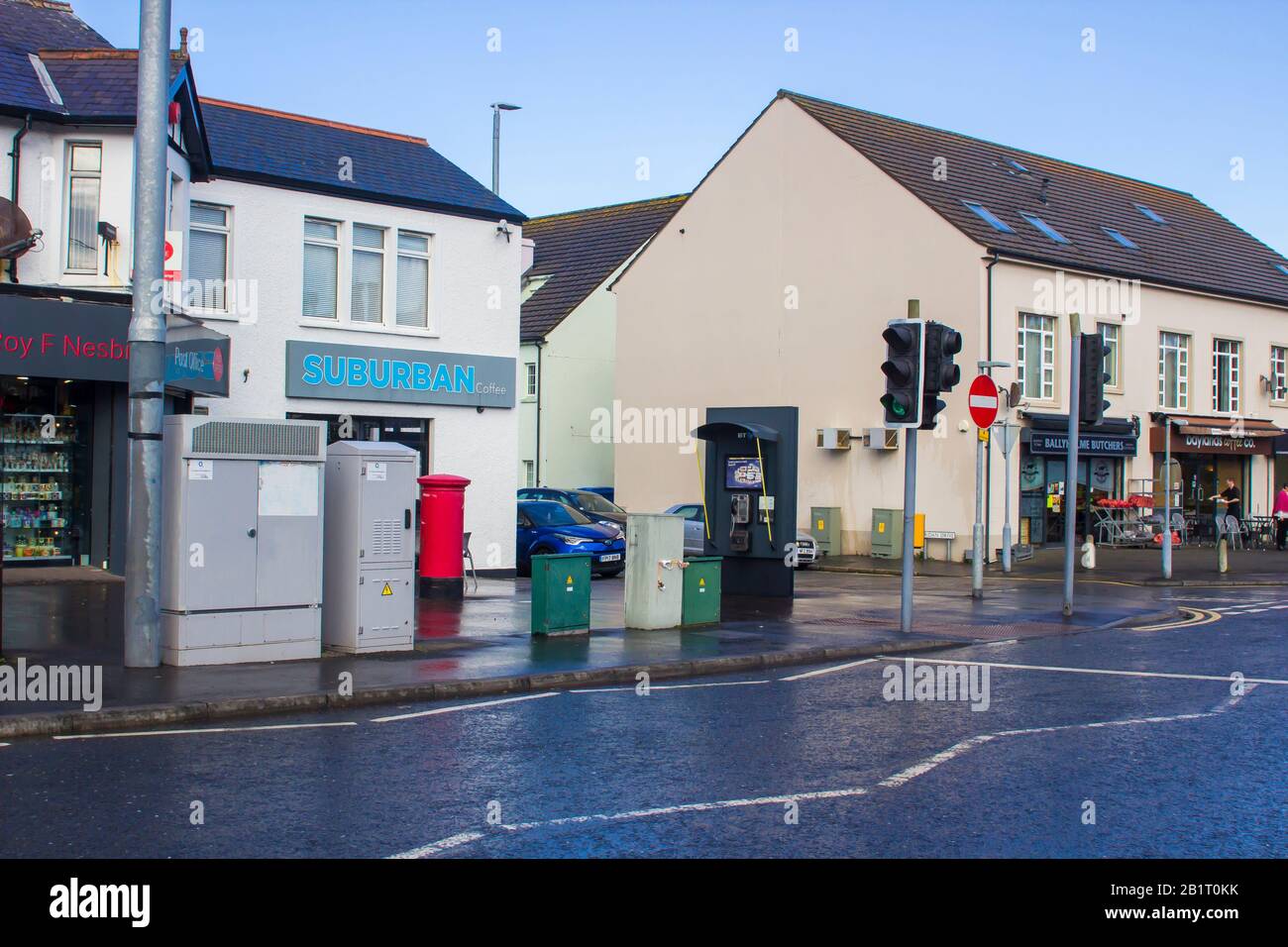 27 February 2020 A view of the Ballyholme Village area on the Groomsport Road in Bangor County Down Northern Ireland immediately after a cold rainstor Stock Photo