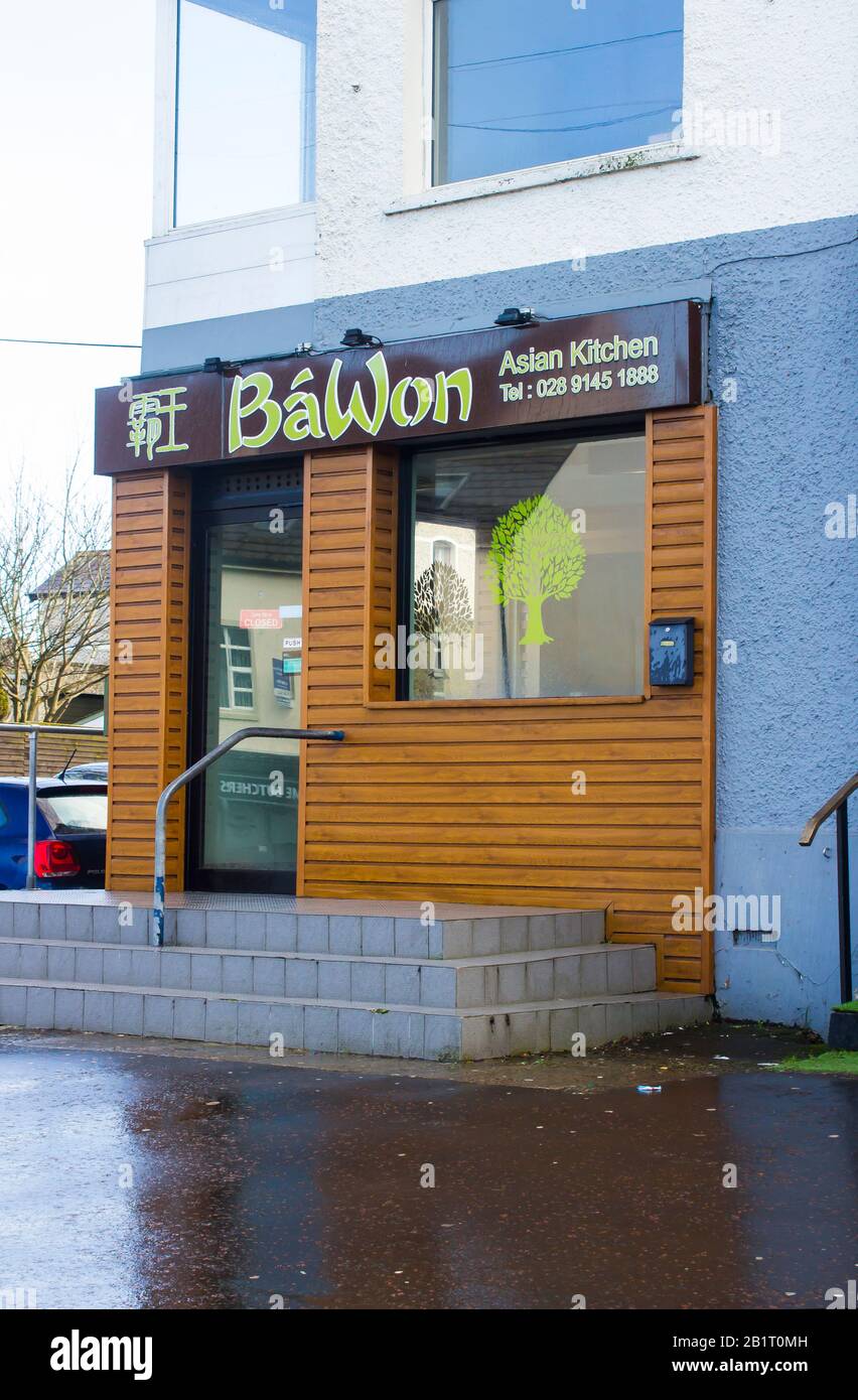 27 February 2020 The Bawon Asian Kitchen takeaway restaurant on the corner of Windmill Road and Groomsport Road in Ballyholme County Down Stock Photo