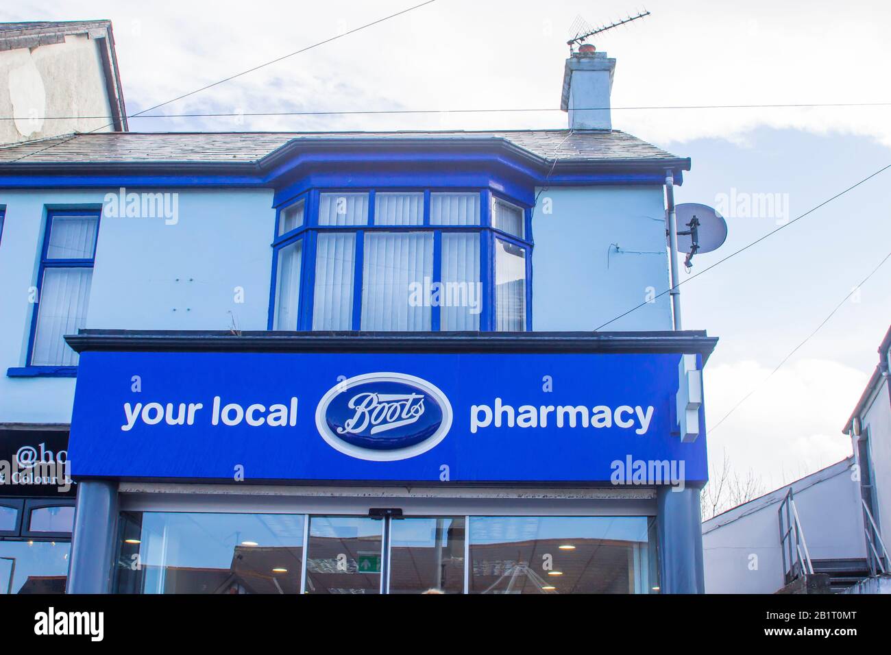 27 february 2020 Shop signage outside the local Boots Chemist's Shop in Ballyholme Bangor county Down Stock Photo