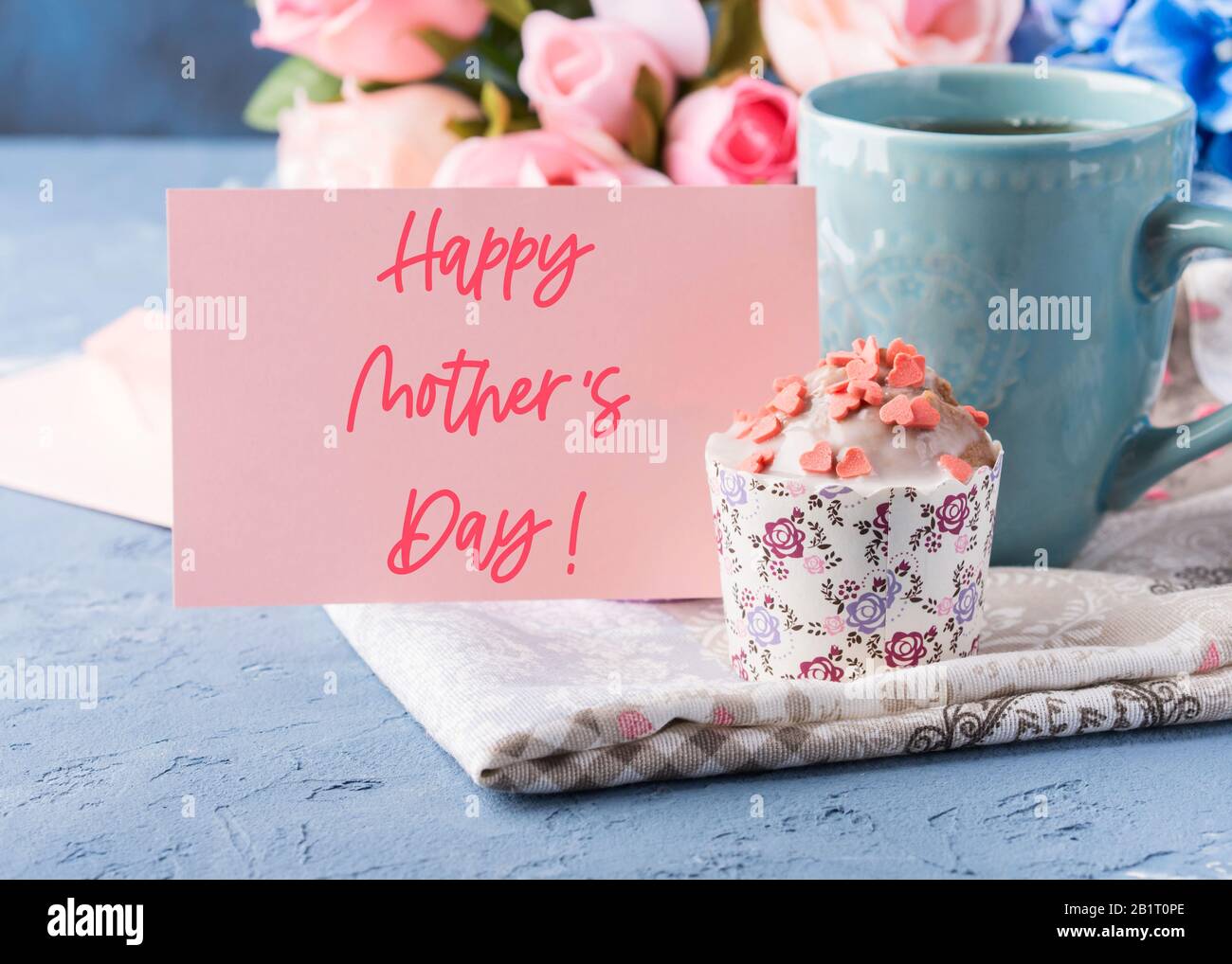 https://c8.alamy.com/comp/2B1T0PE/mothers-day-greetings-with-muffin-cup-tea-2B1T0PE.jpg