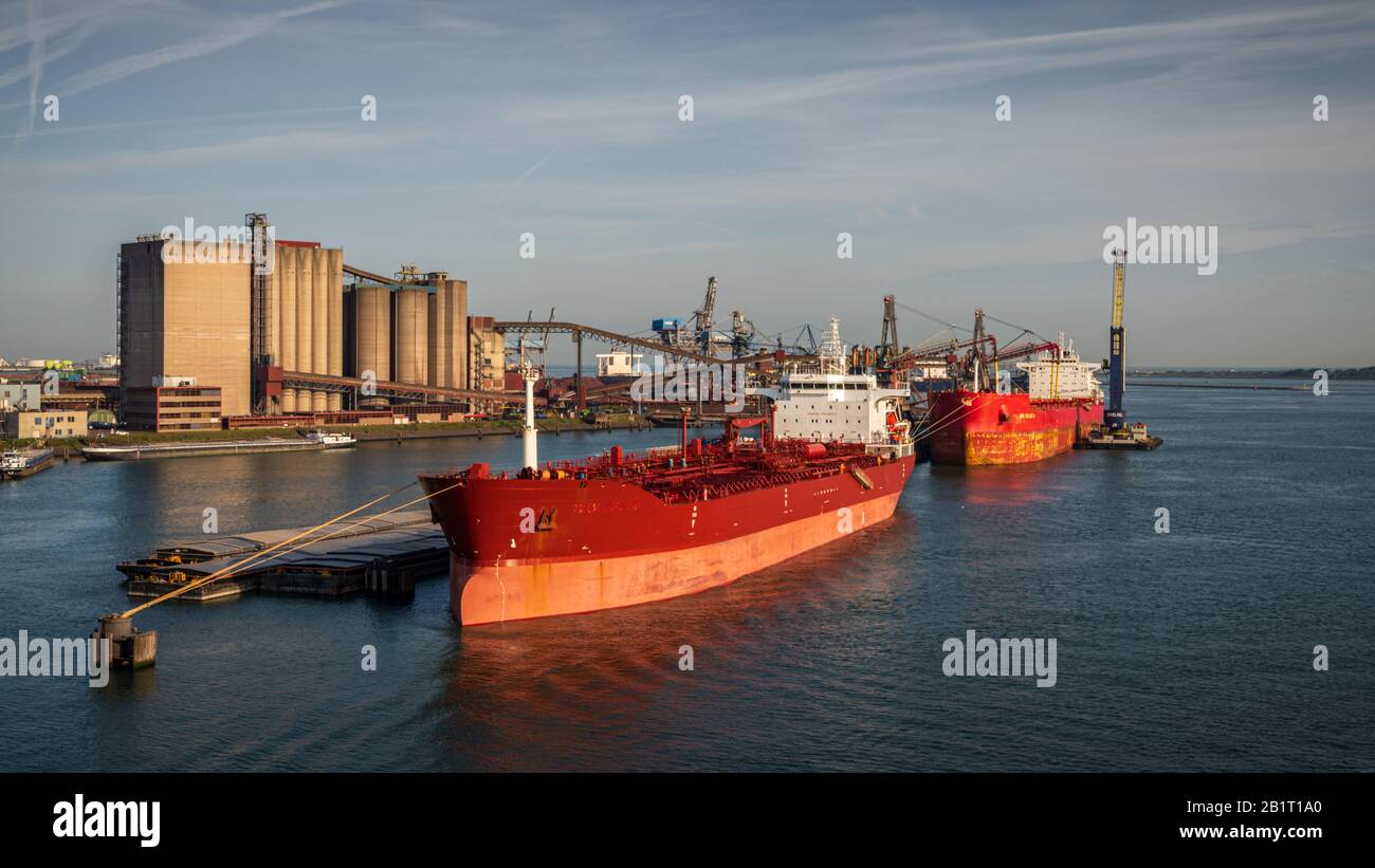 Rotterdam, South Holland, Netherlands - May 23, 2019: Ships and industry in the Beneluxhaven of Europoort Stock Photo