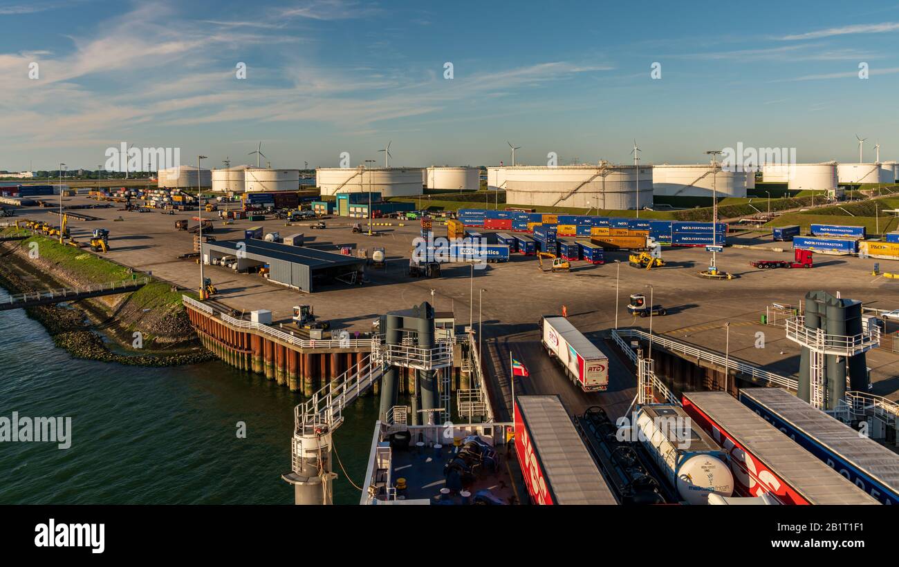 Rotterdam, South Holland, Netherlands - May 13, 2019: Trucks on their way to the ferry at the ferry terminal in the Beneluxhaven of Europoort Stock Photo