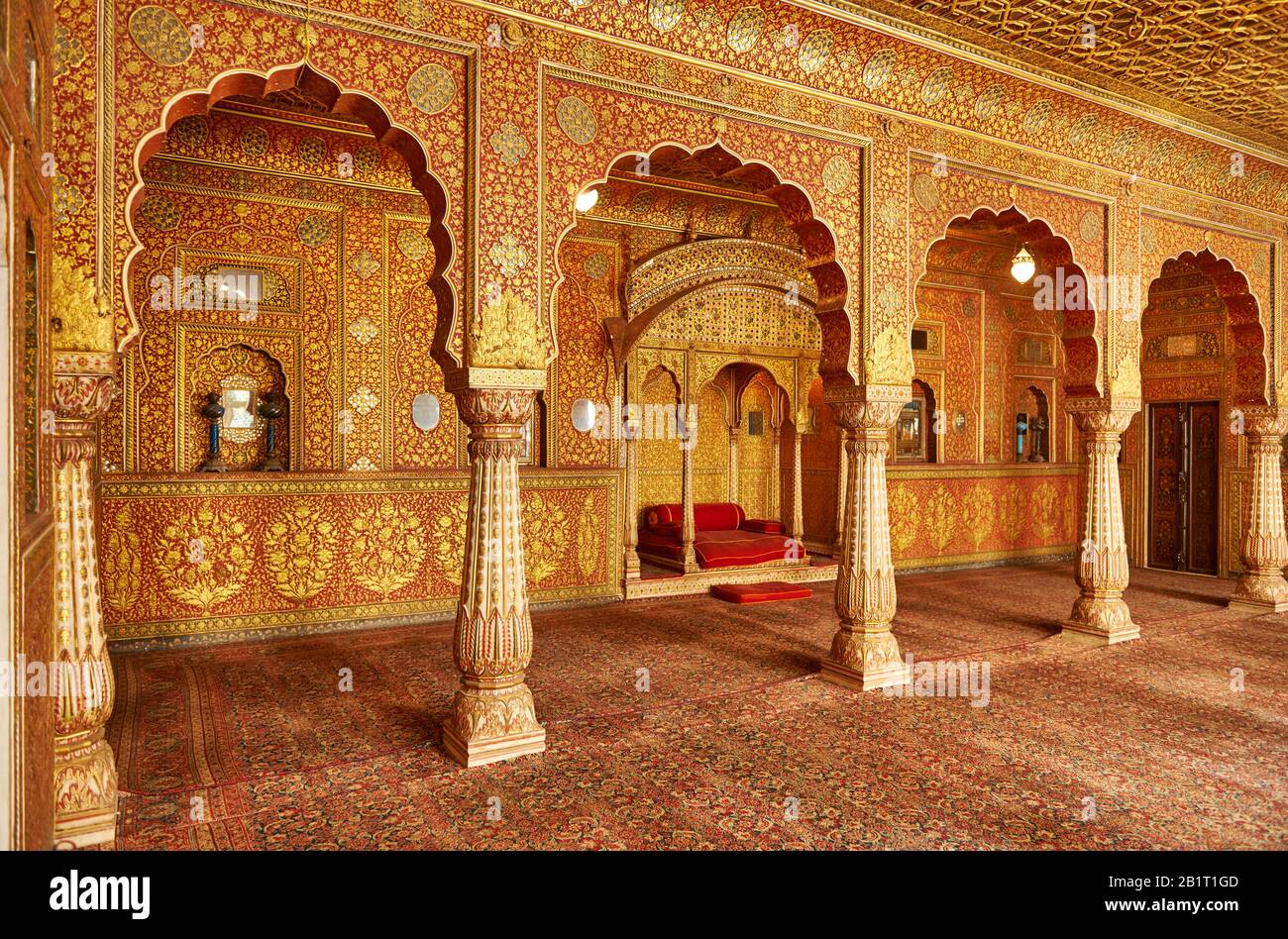 Karan Mahal, public audience hall, emperor throne, Exquisite glass inlay work, room heavily decorated with colored mirrors inside Junagarh Fort Stock Photo