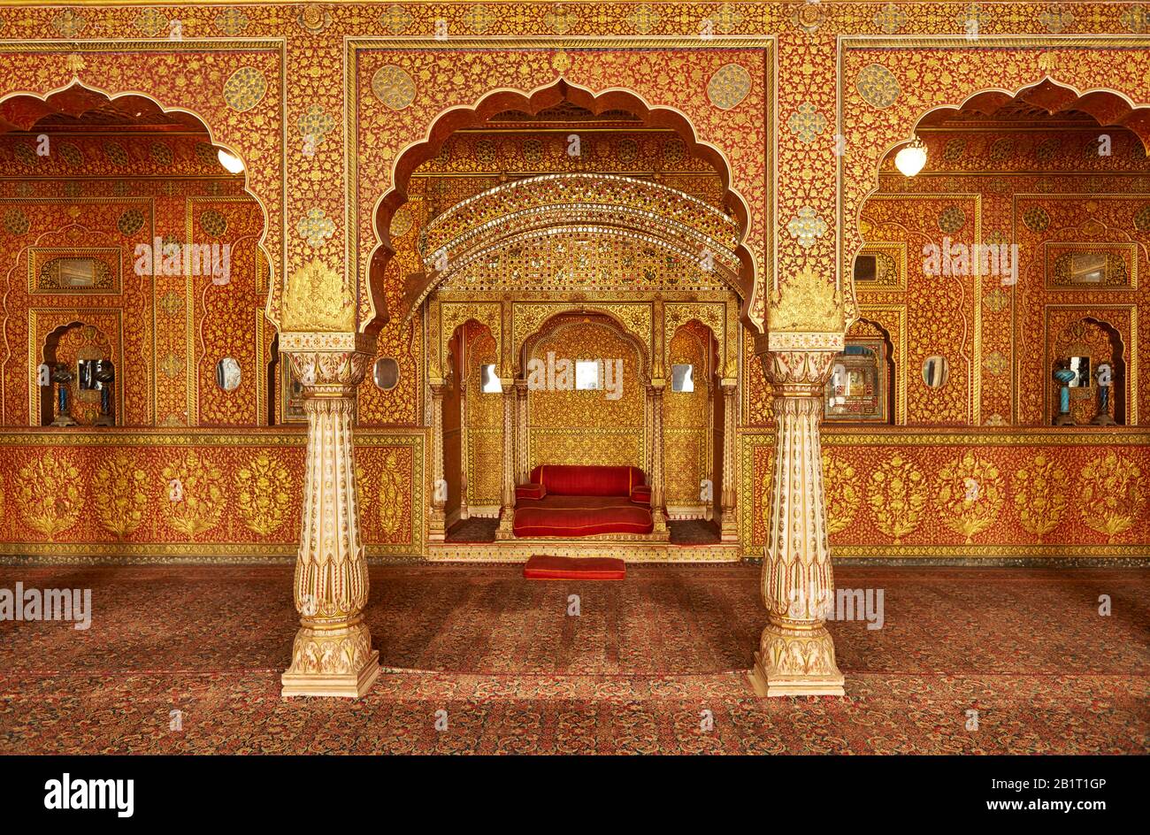Karan Mahal, public audience hall, emperor throne, Exquisite glass inlay work, room heavily decorated with colored mirrors inside Junagarh Fort Stock Photo