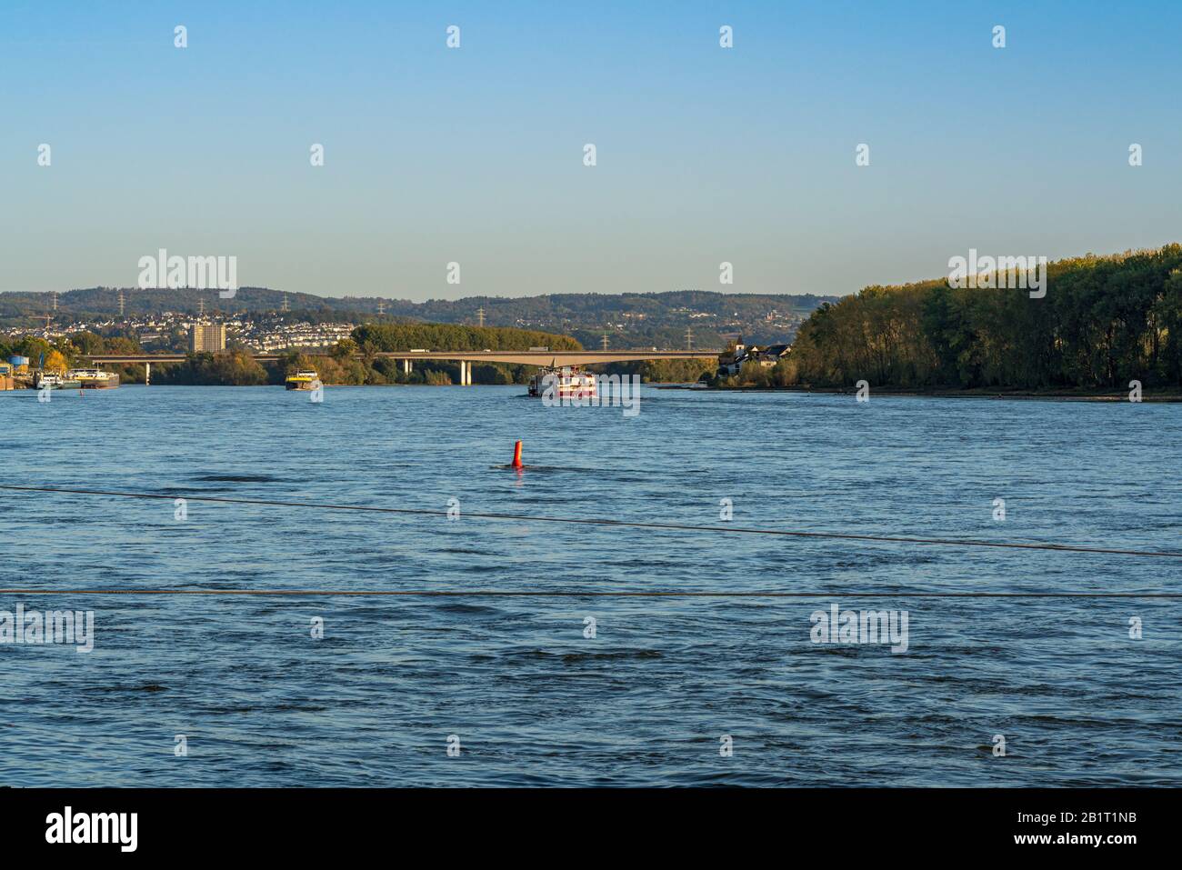 Neuwied, Rhineland-Palatine, Germany - October 14, 2019: View at the River Rhine from Engers, with the motorway bridge in the background Stock Photo