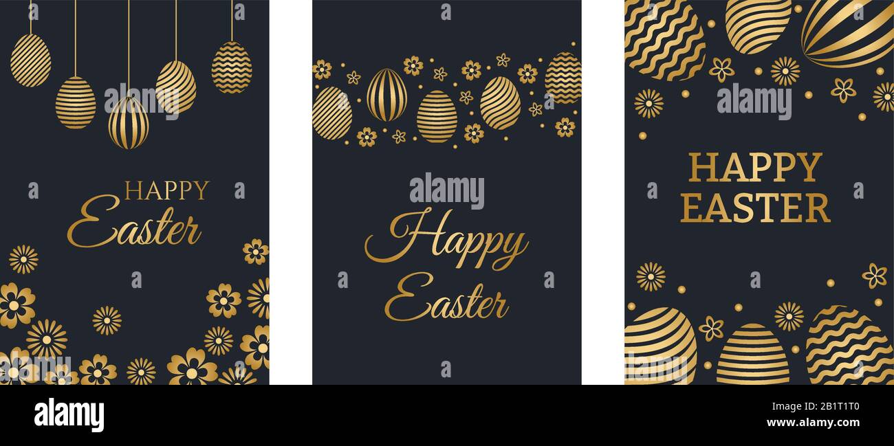 Happy Easter luxury holiday cards set with easter greeting and gold colored easter eggs. Vector illustration. Stock Vector