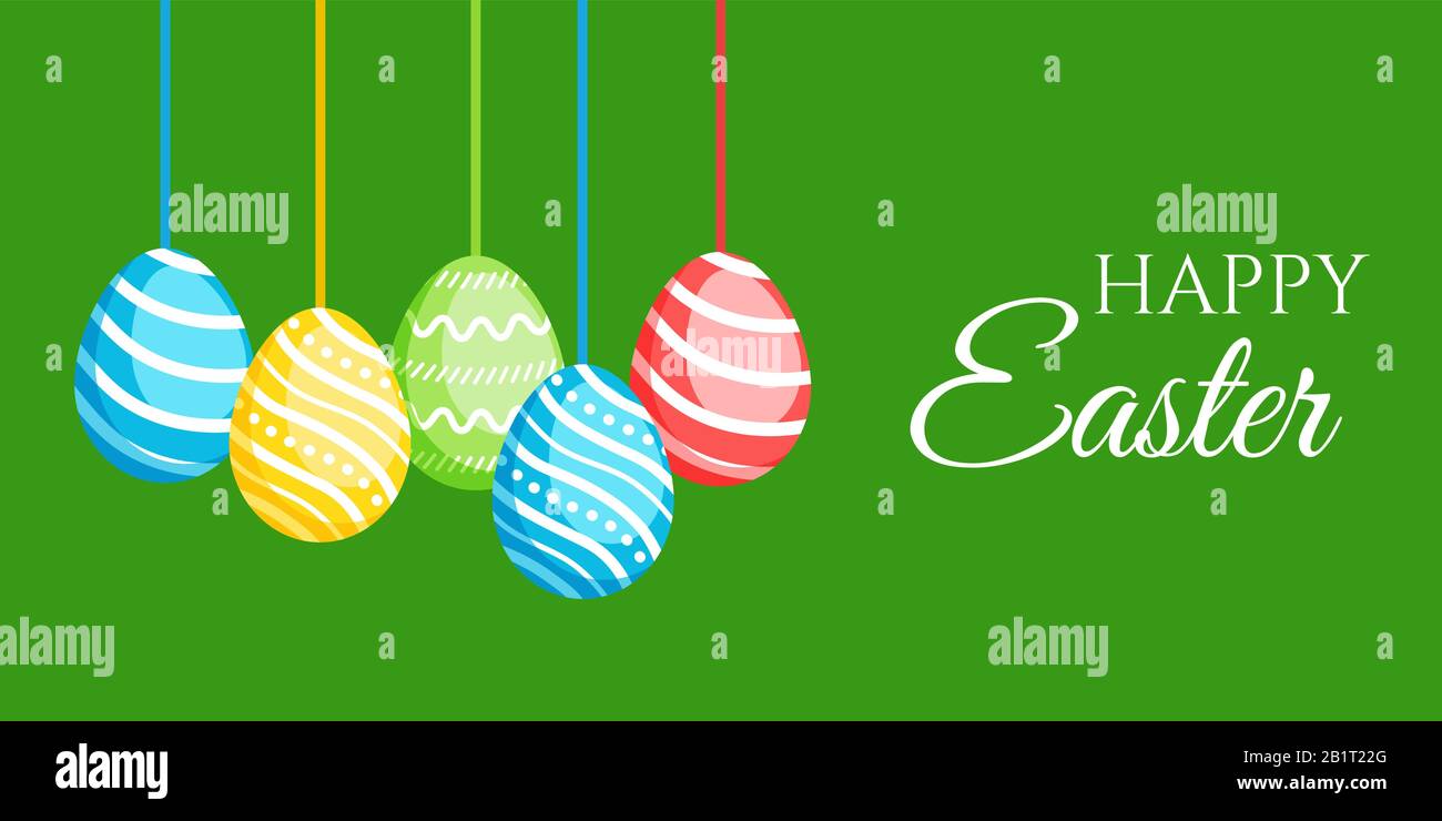 Happy Easter greeting banner with сolorful eggs. Vector illustration for Easter day Stock Vector