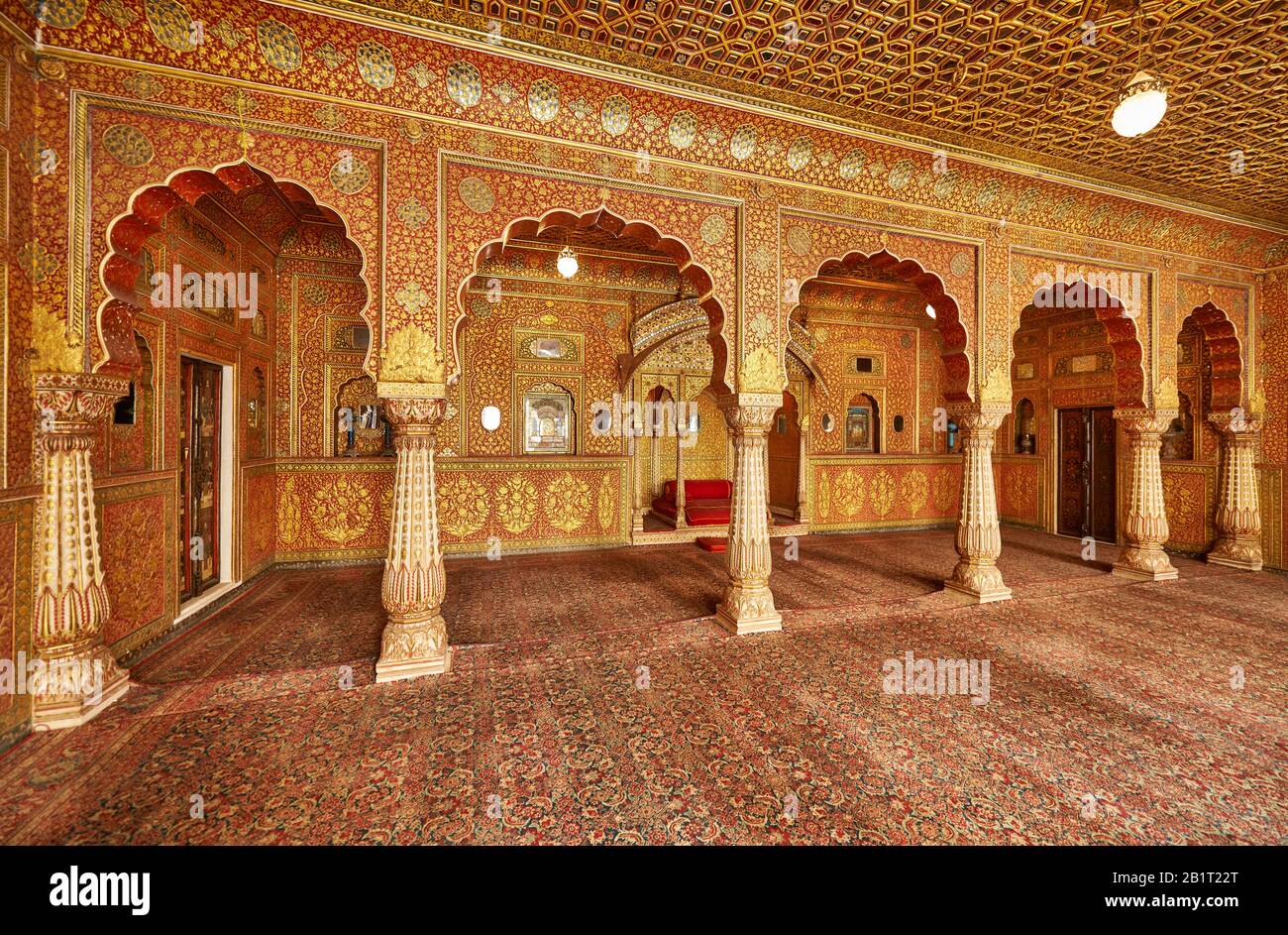 Karan Mahal, public audience hall, emperor throne, Exquisite glass inlay work, room heavily decorated with colored mirrors inside Junagarh Fort Stock Photo