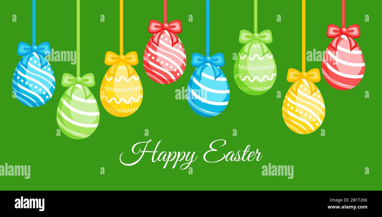 Happy Easter greeting banner with сolorful eggs. Vector illustration for Easter day Stock Vector