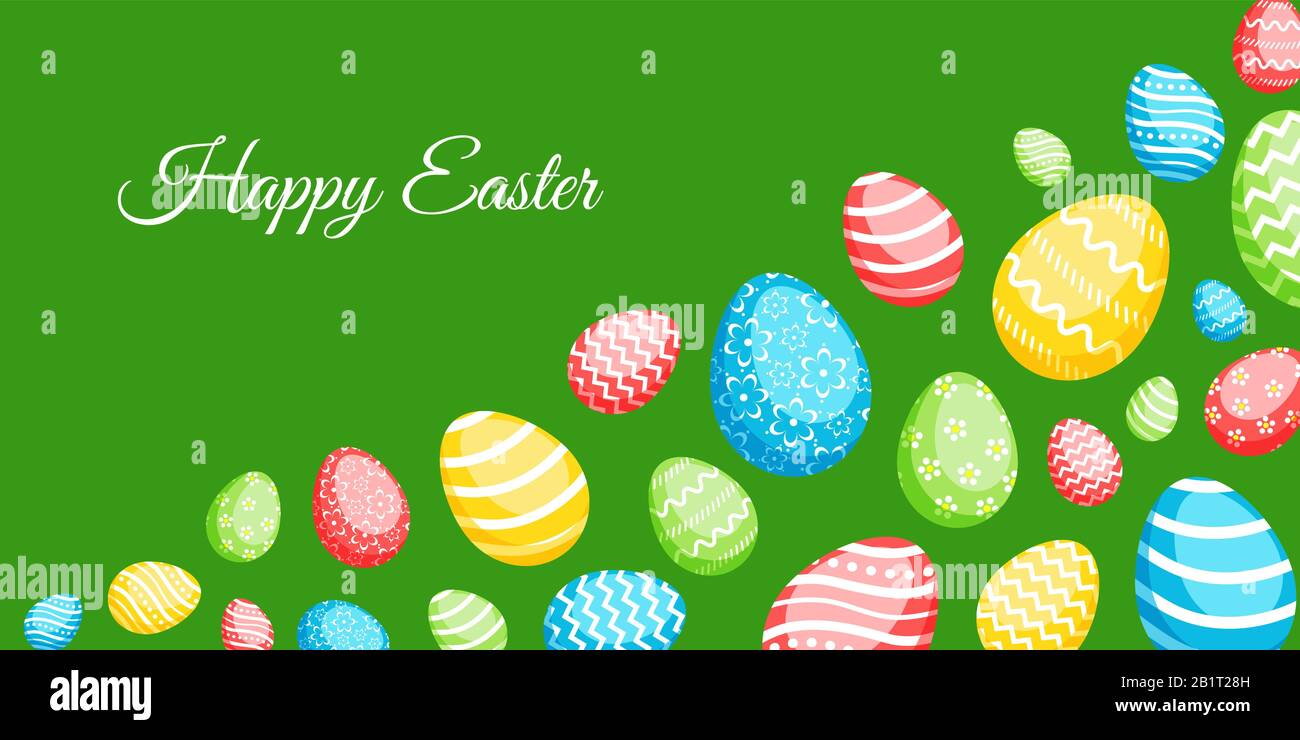 Happy Easter greeting banner with сolorful eggs. Vector illustration for Easter day Stock Vector