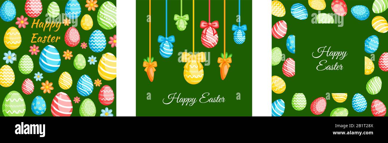 Happy Easter greeting cards set. Easter holiday invitations templates collection with colorful eggs. Vector illustration. Stock Vector