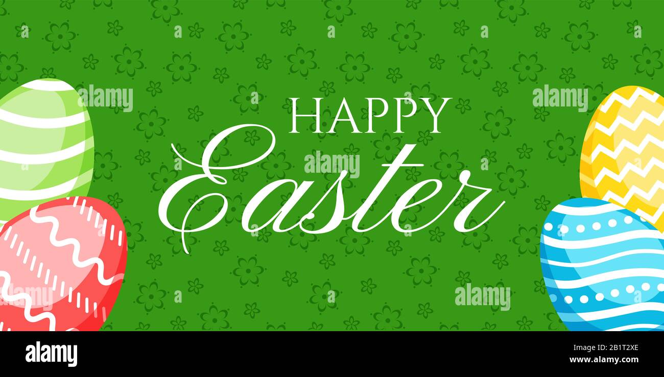 Happy Easter greeting banner with сolorful eggs. Vector illustration for Easter day Stock Vector