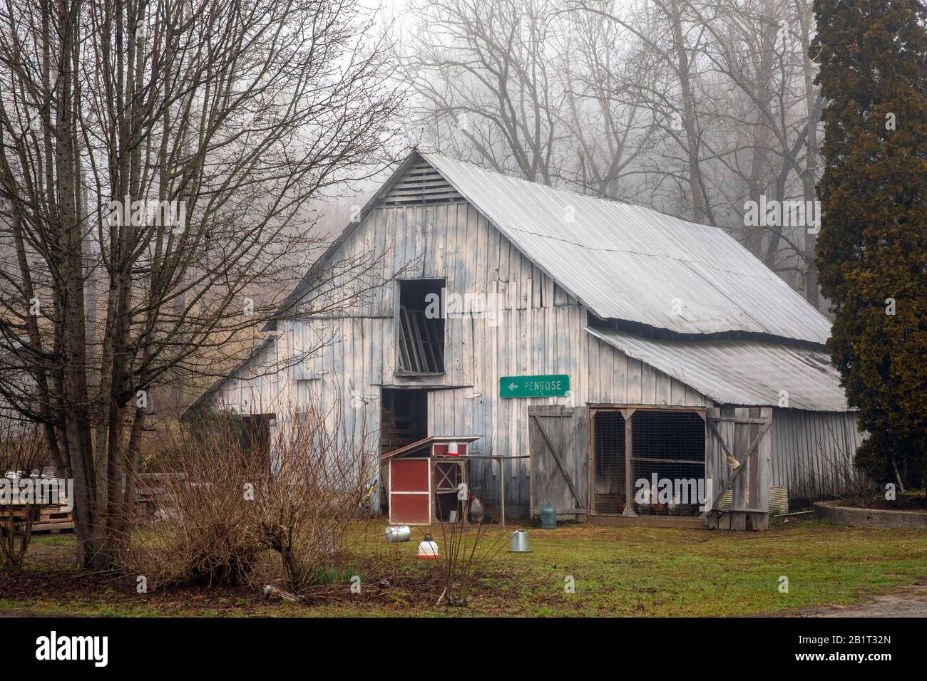Classic old barn on a foggy day in Penrose, near Brevard, North Carolina, USA Stock Photo