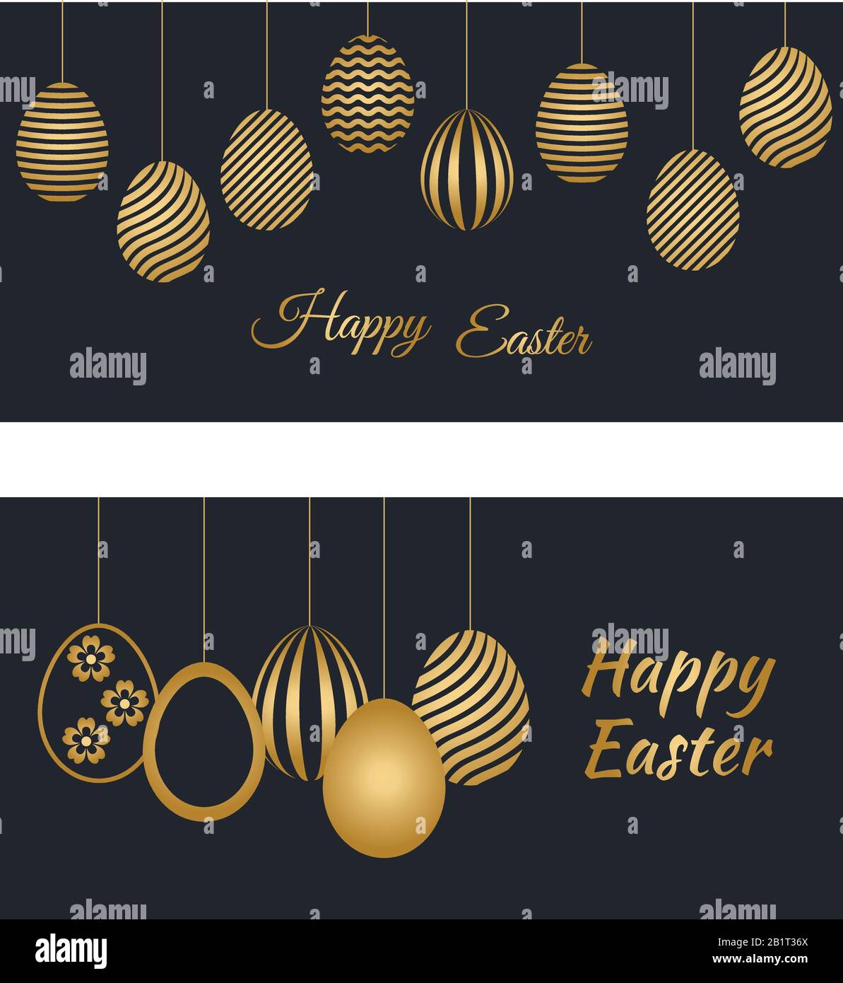 Two Happy Easter holiday banners with easter greetings and gold colored easter eggs. Vector illustration. Stock Vector