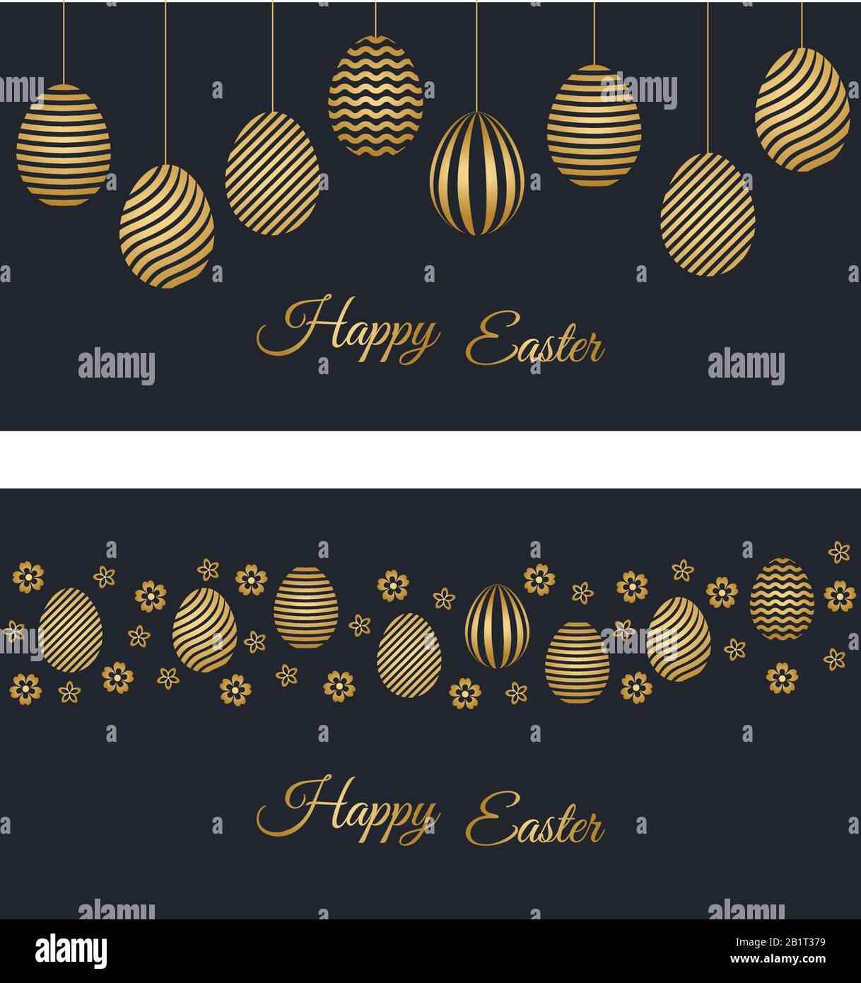 Two Happy Easter holiday banners with easter greetings and gold colored easter eggs. Vector illustration. Stock Vector