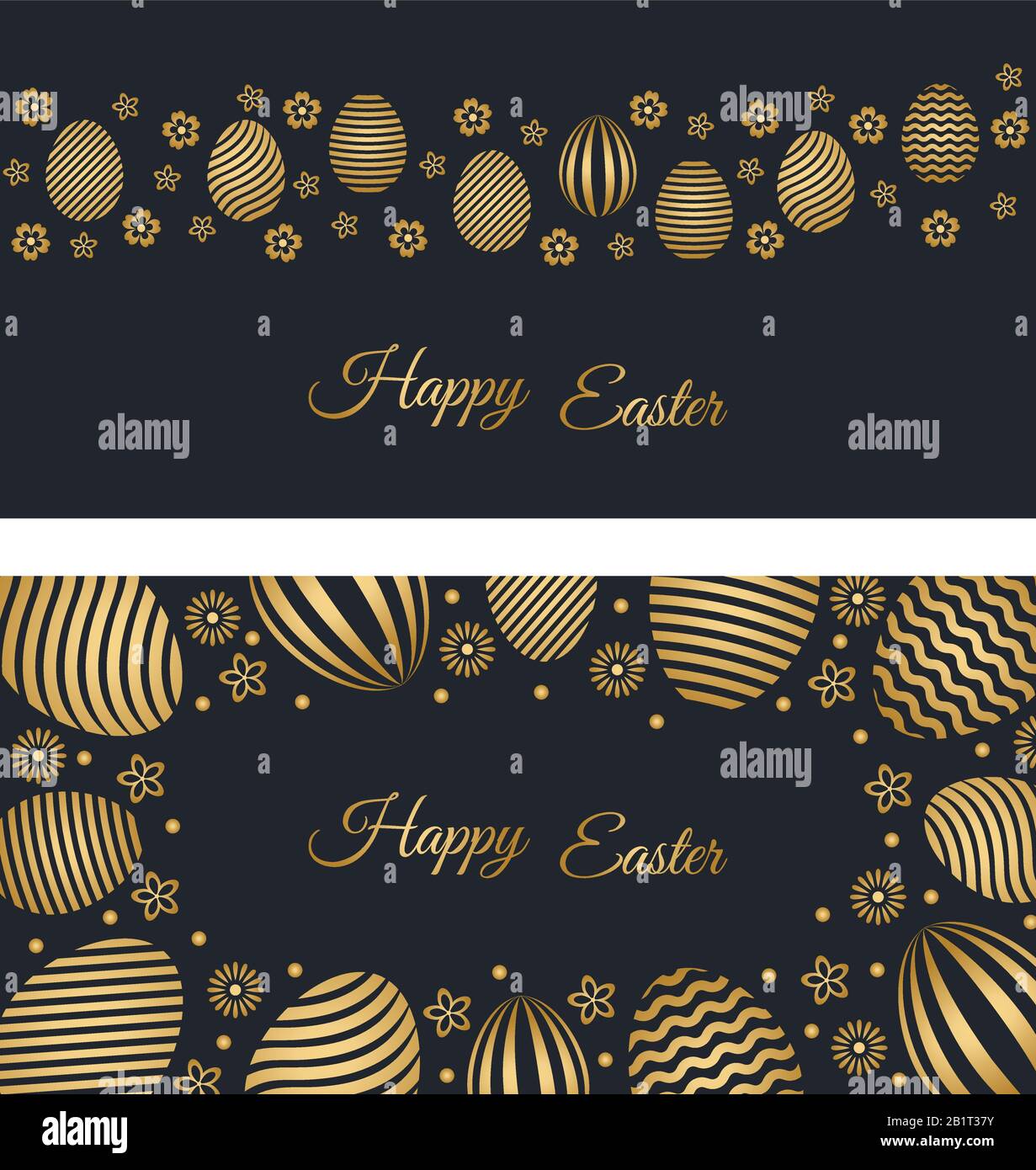 Two Happy Easter holiday banners with easter greetings and gold colored easter eggs. Vector illustration. Stock Vector