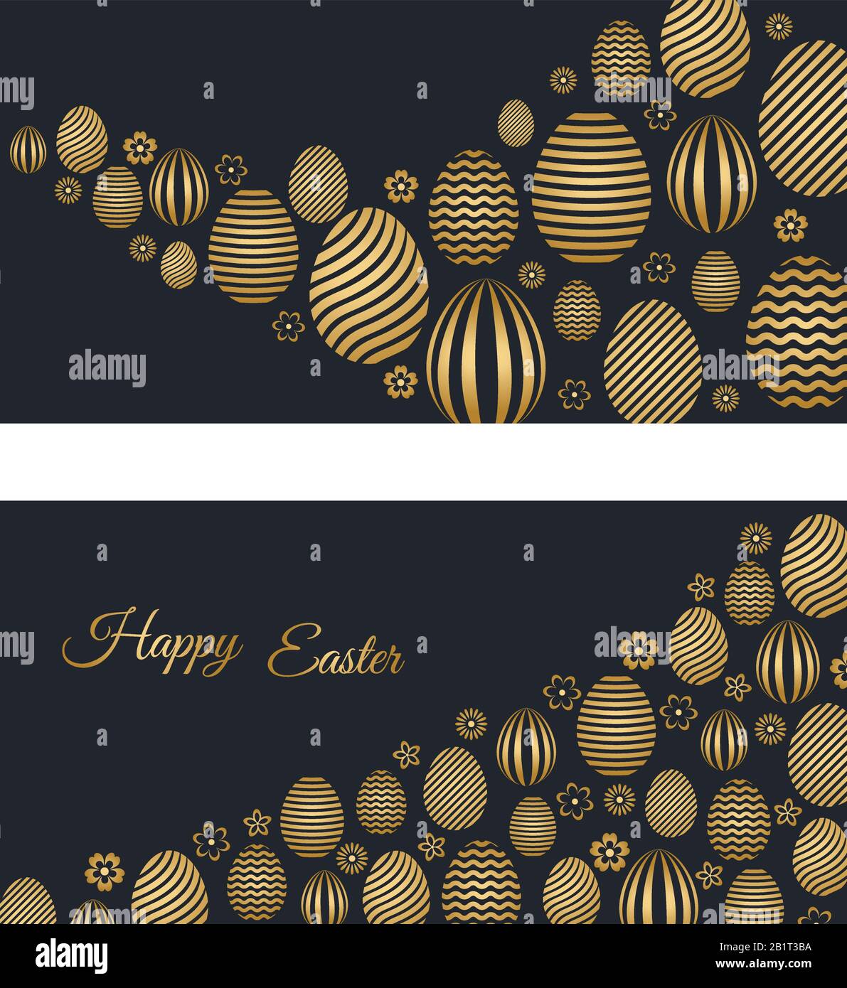Two Happy Easter holiday banners with easter greetings and gold colored easter eggs. Vector illustration. Stock Vector