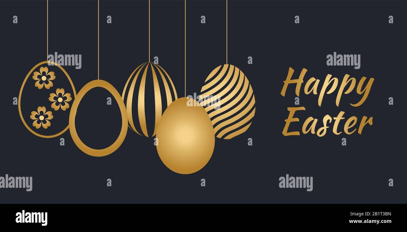 Happy Easter holiday banner with easter greeting and gold colored easter eggs. Vector illustration. Stock Vector