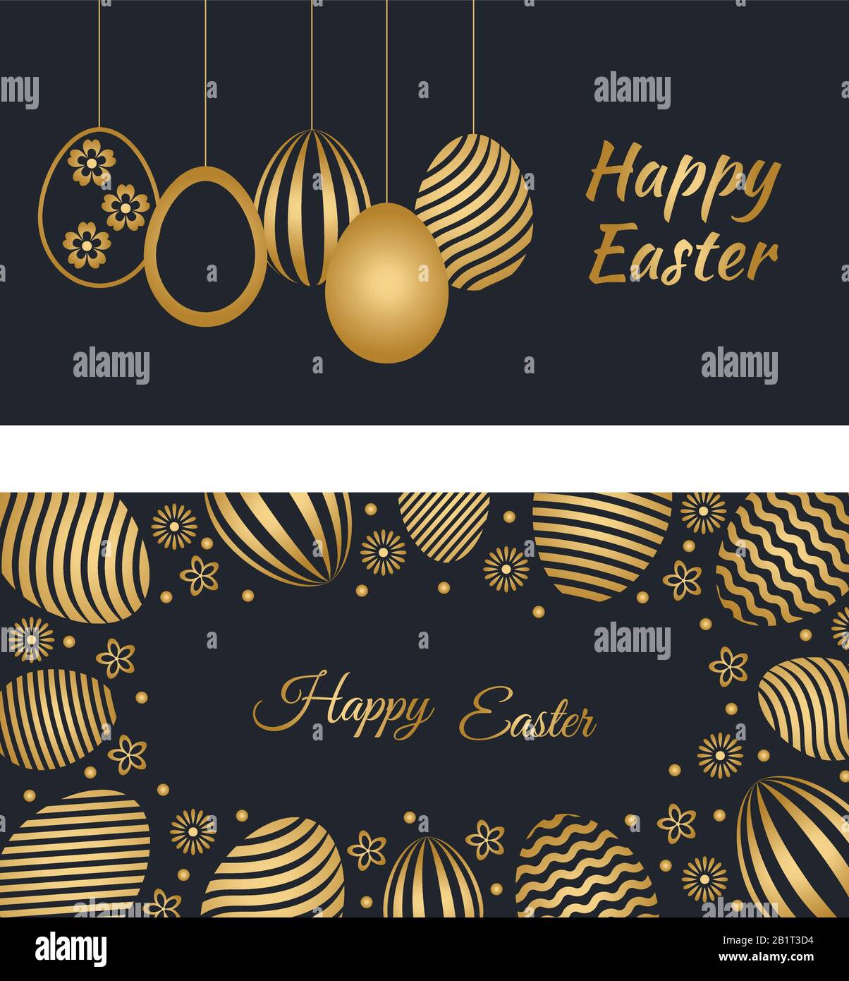 Two Happy Easter holiday banners with easter greetings and gold colored easter eggs. Vector illustration. Stock Vector